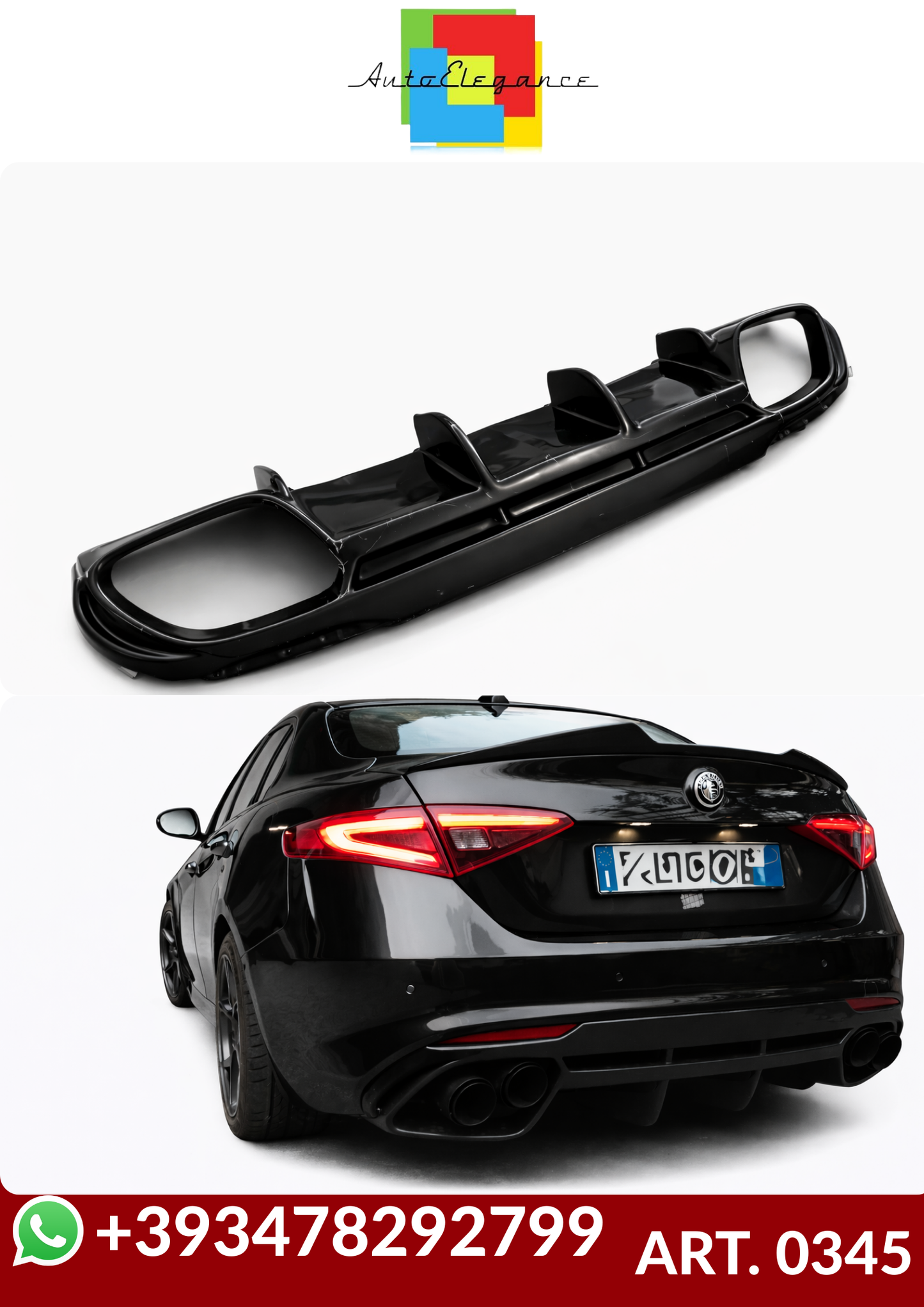 💕ART. 0345 DIFFUSORE ALFA ROMEO  GIULIA 16-21 LOOK QUADRIFOGLIO NERO LUCIDO💕