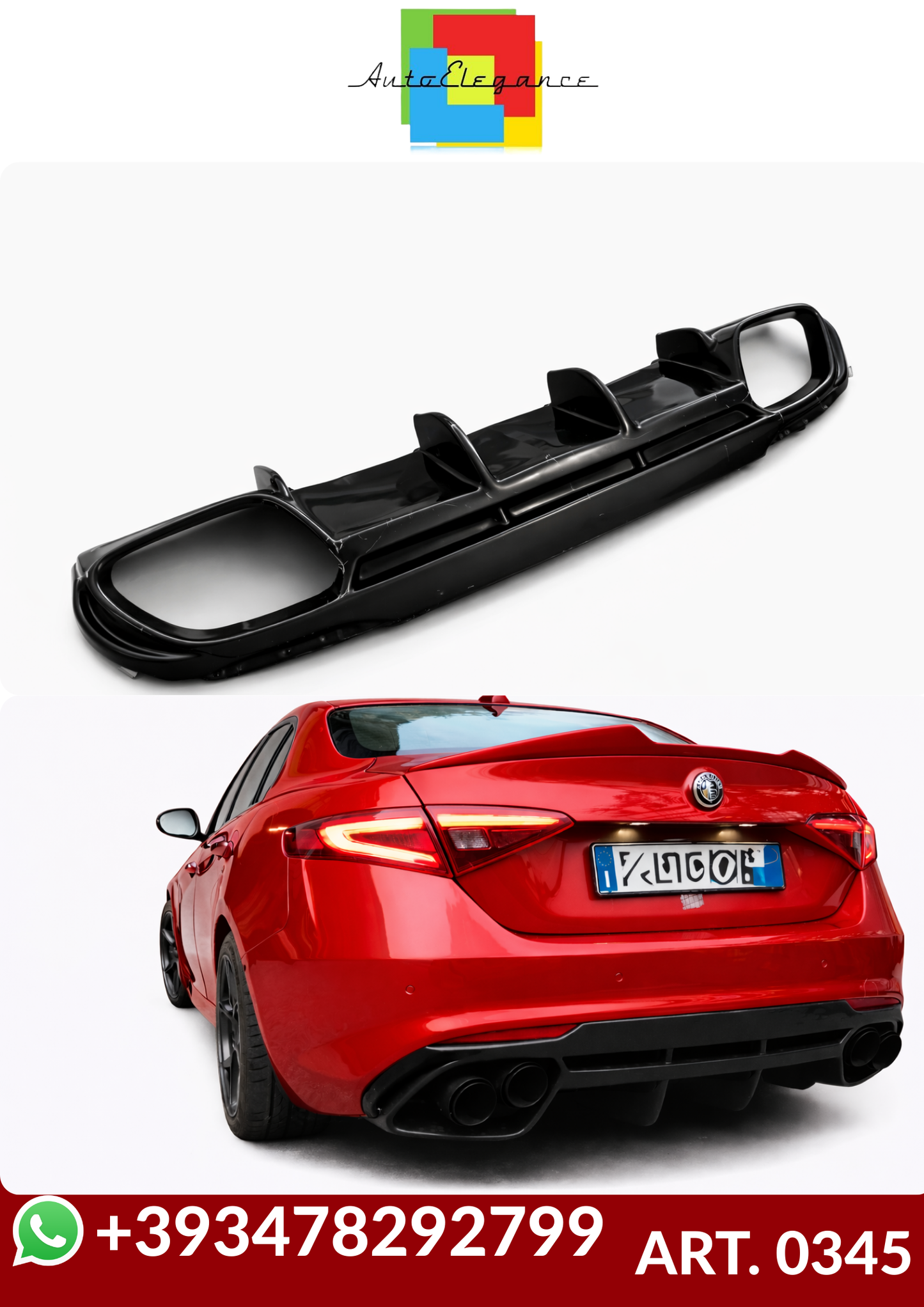 💕ART. 0345 DIFFUSORE ALFA ROMEO  GIULIA 16-21 LOOK QUADRIFOGLIO NERO LUCIDO💕