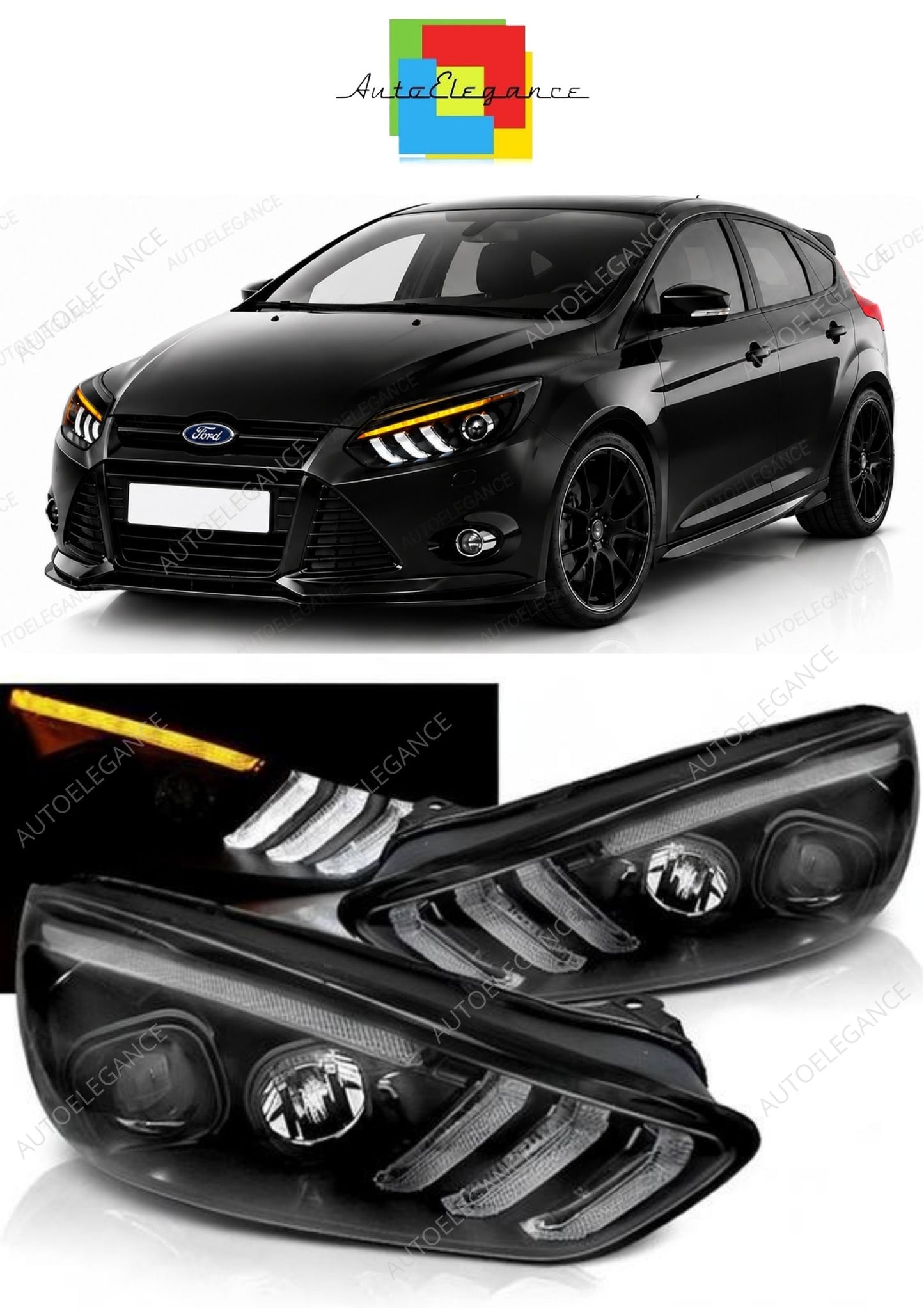 💕 Fari Anteriori Adatto per Ford Focus MK3 15-18 LED DRL Neri 💕