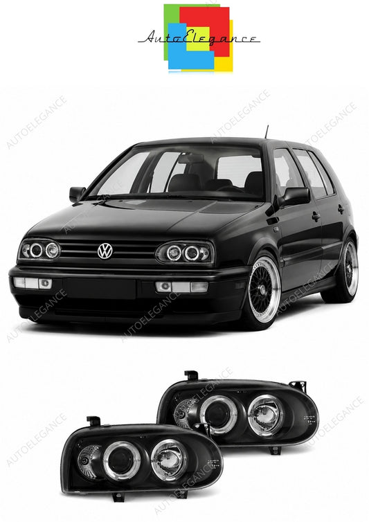 💕 Fari Anteriori Adatto per VW Golf 3 91-97 Angel Eyes Neri 💕