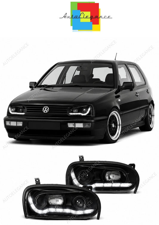 💕 Fari Anteriori Adatto per VW Golf 3 91-97 Daylight LED Neri 💕