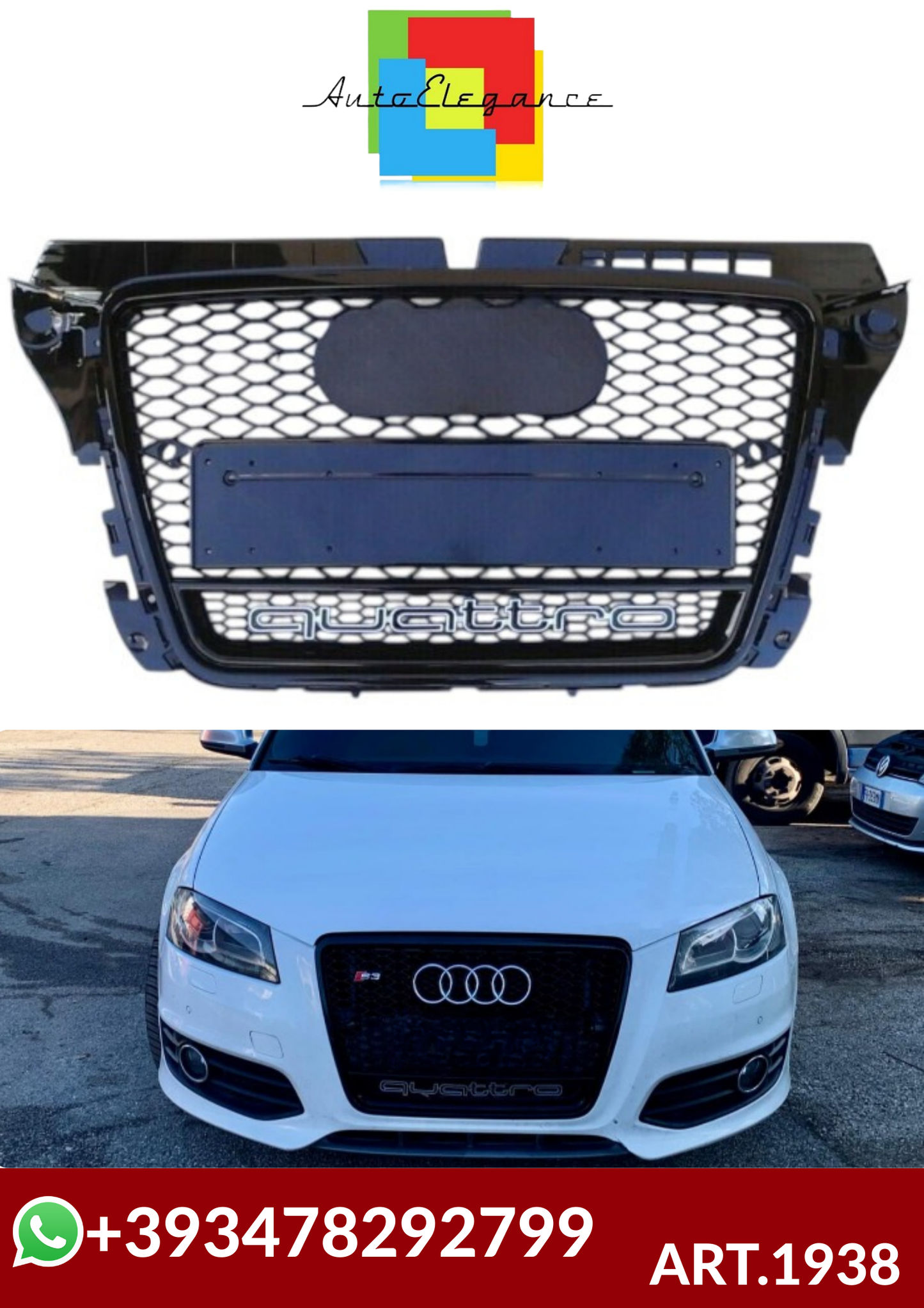 💕ART.1938 GRIGLIA AUDI A3 8P 2008-2012 LOOK RS3 QUATTRO NERO LUCIDO💕
