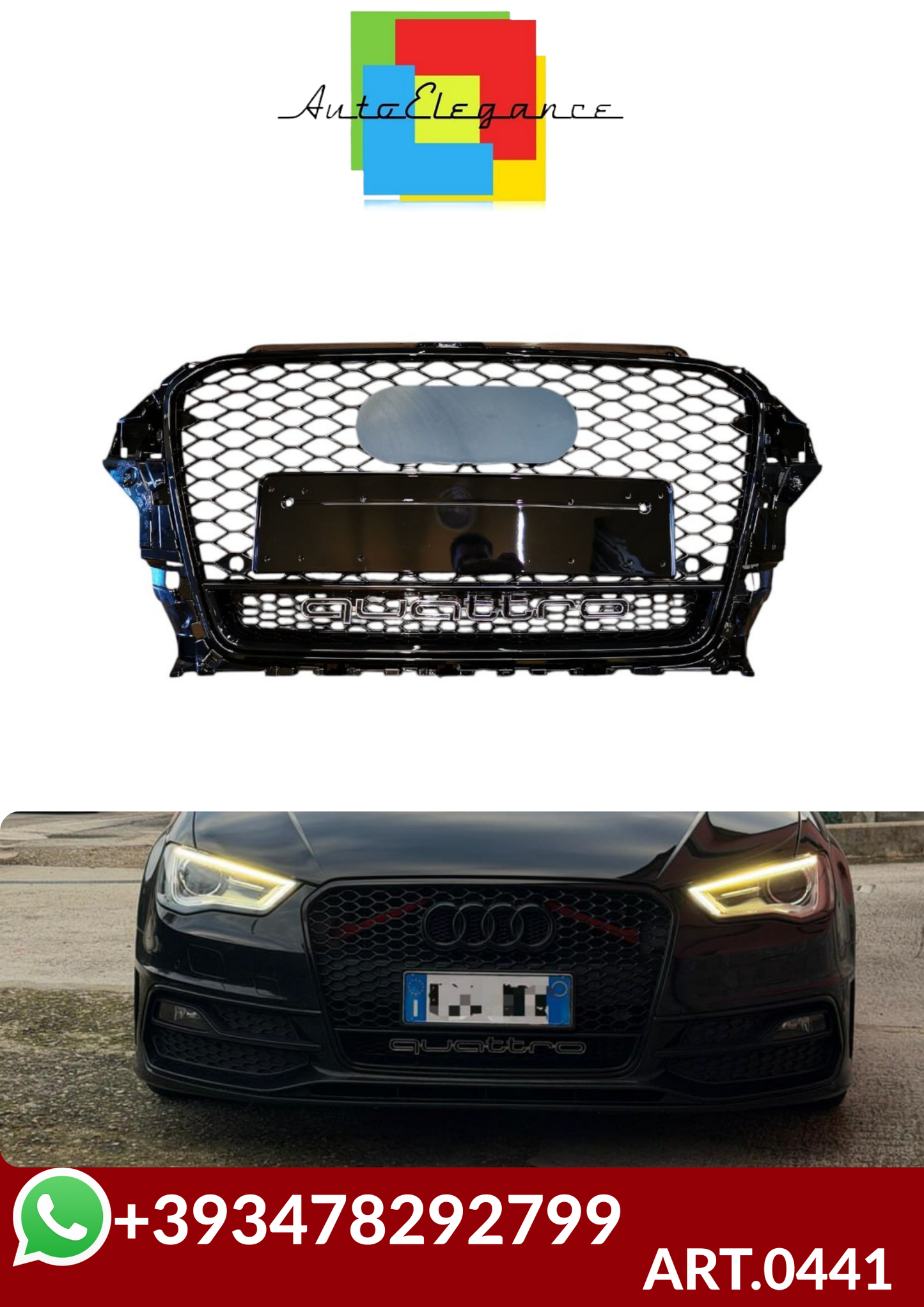 💕ART.0441 GRIGLIA AUDI  A3 8V 2012-2016 LOOK RS3 QUATTRO NERO LUCIDO 💕