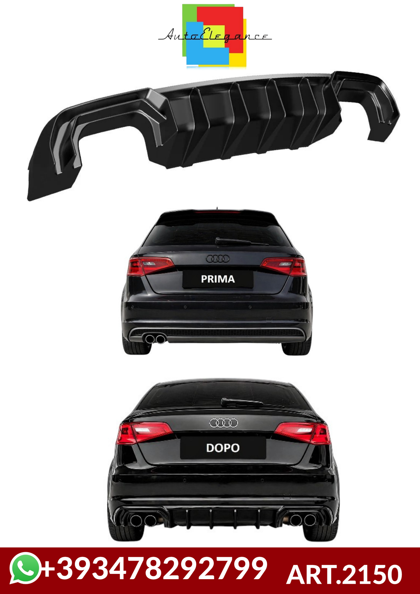 💕ART.2150 DIFFUSORE AUDI A3 8V 2012-2016 SLINE S3 NERO LUCIDO 2+2💕