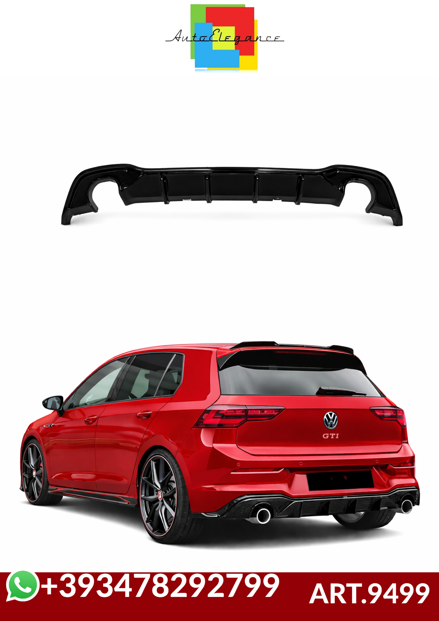 💕ART.9499 DIFFUSORE GOLF 8 8.5 LOOK GTI NERO LUCIDO 1+1 (SENZA TERMINALI)💕