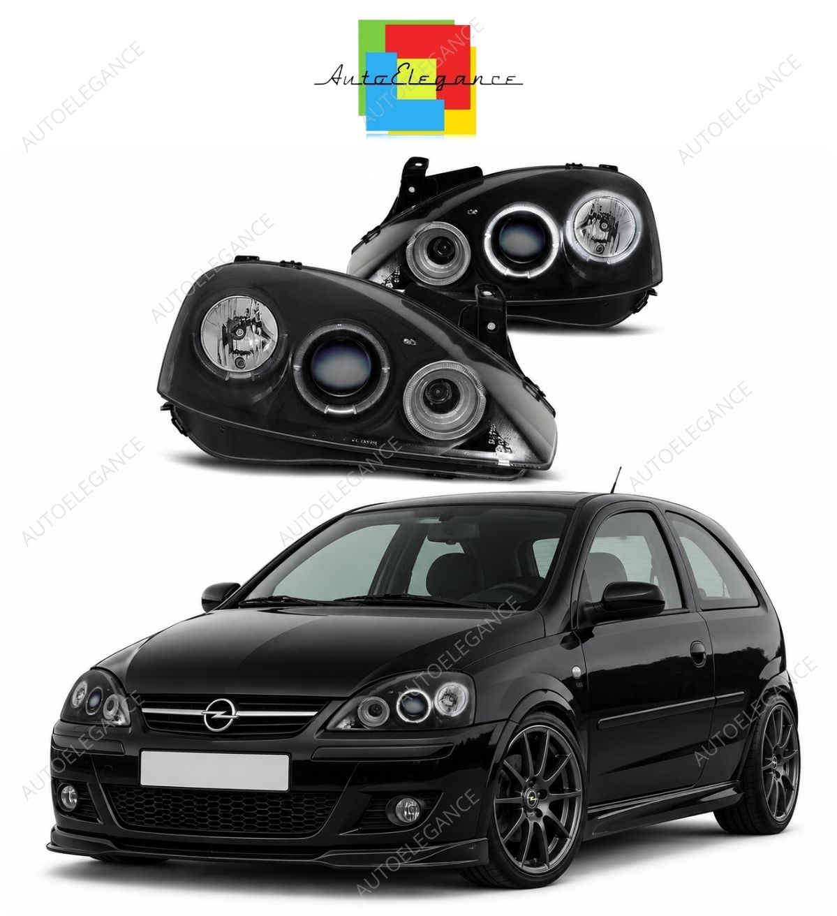 💕 Fari Anteriori Adatti per Opel Corsa C 00-06 Angel Eyes Neri 💕
