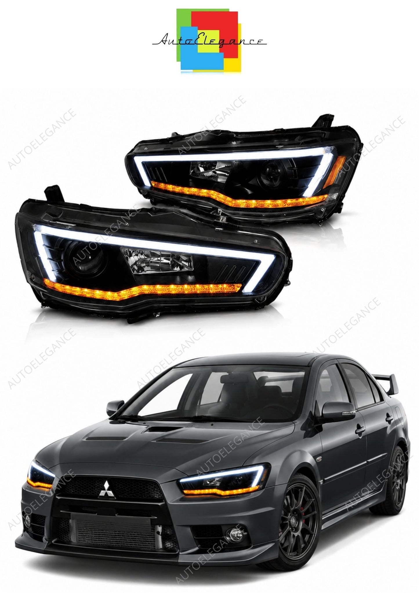 💕 Fari Anteriori Adatto per Mitsubishi Lancer 8 08-16 LED Tube Neri Seq 💕