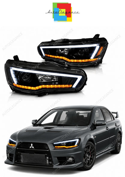💕 Fari Anteriori Adatto per Mitsubishi Lancer 8 08-16 LED Tube Neri Seq 💕