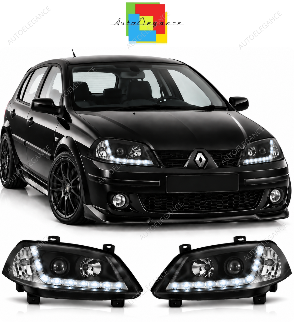 💕 Fari Anteriori Adatti per Renault Megane II 02-05 LED DRL Neri 💕