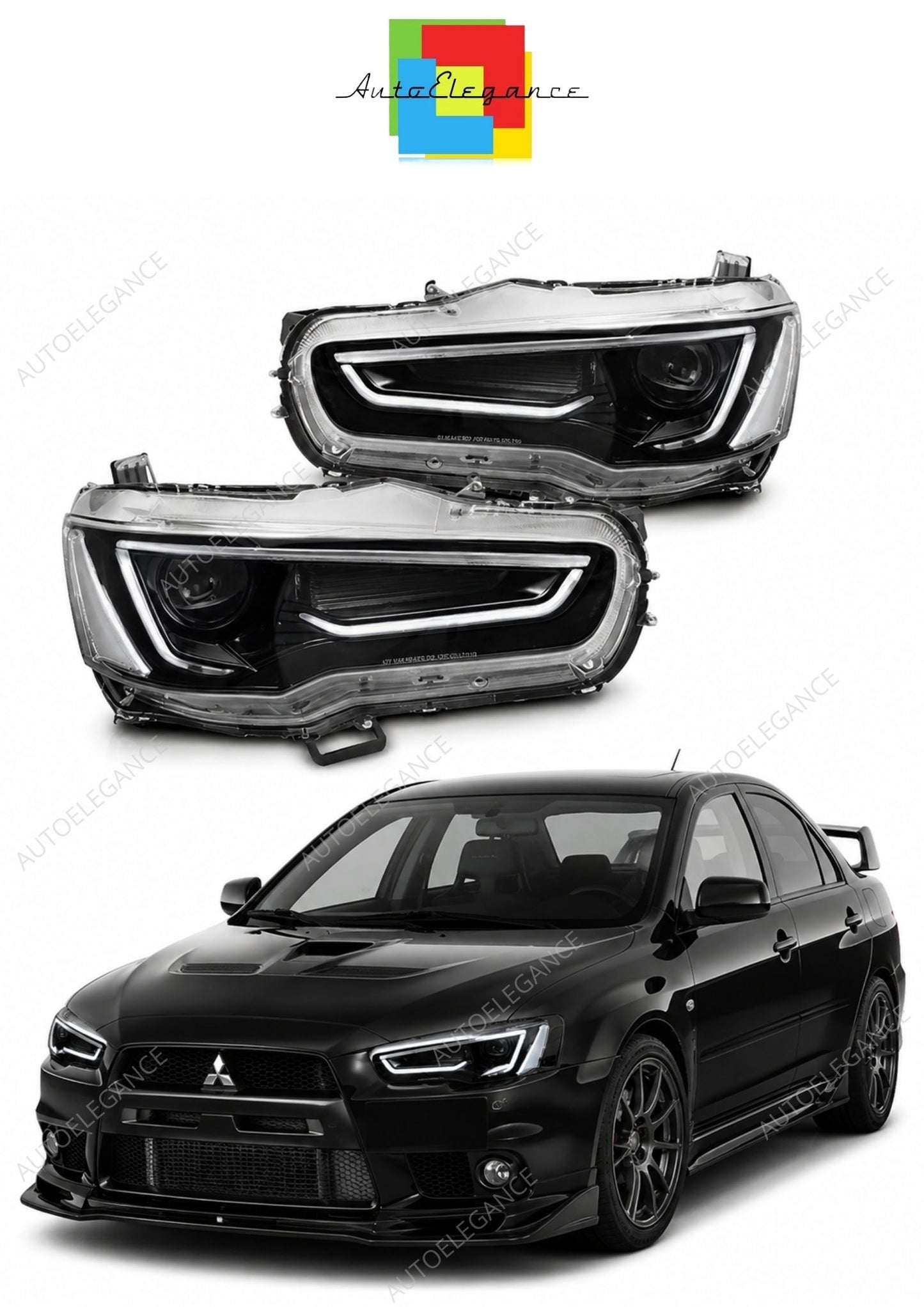 💕 Fari Anteriori Adatto per Mitsubishi Lancer 8 08-16 LED Tube Neri 💕