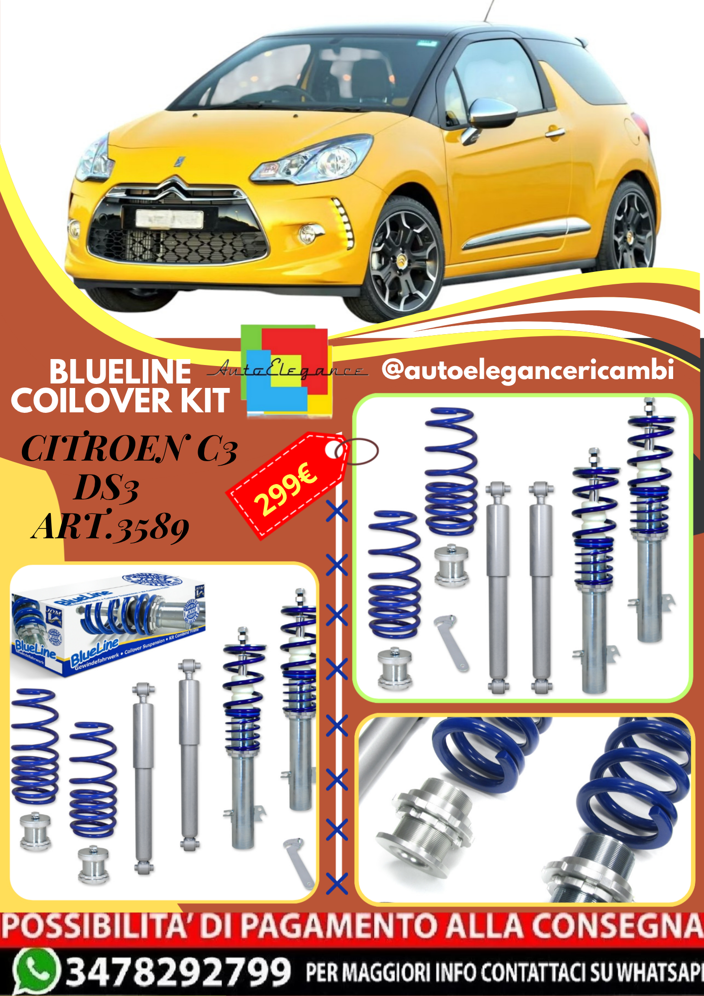 🎀Art.3589 Kit coilover sportivo Blueline adatto per Citroen C3 DS3 1.0🎀