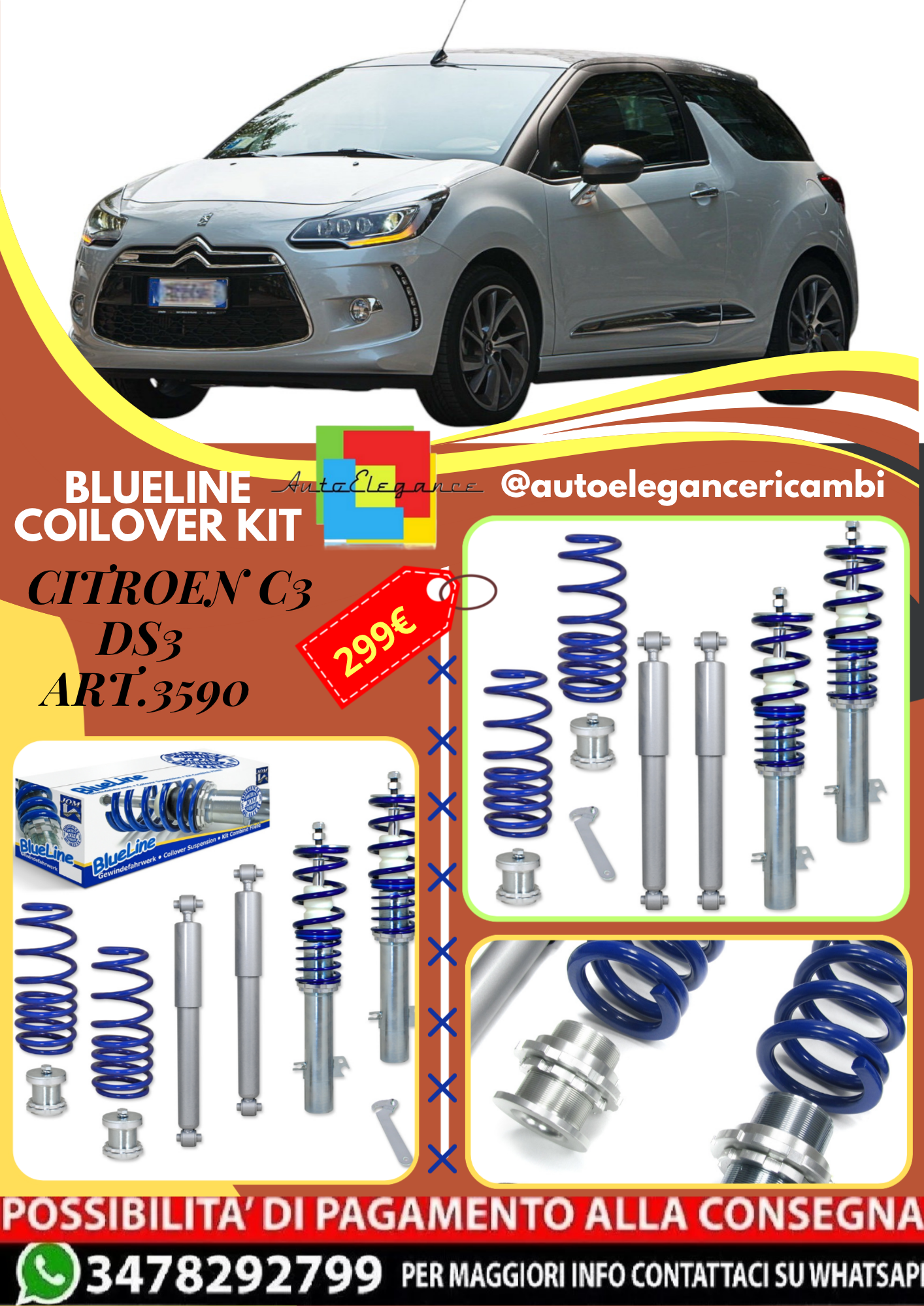 🎀Art.3590 Kit coilover sportivo Blueline adatto per Citroen C3 DS3 1.2THP🎀