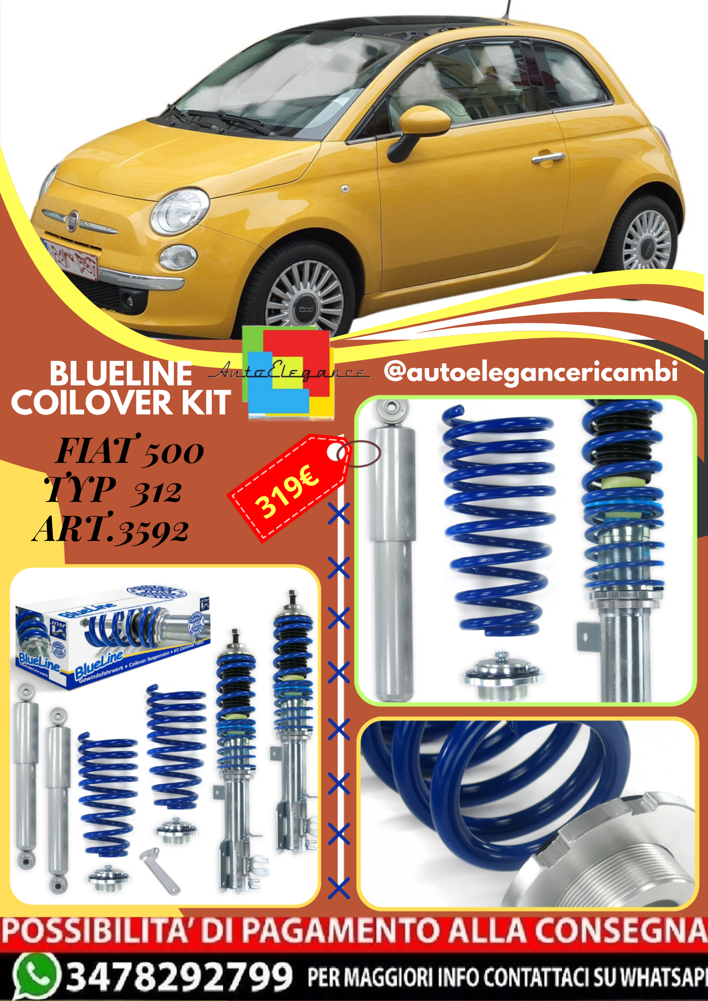 🎀Art.3592 BlueLine Kit coilover sportivo adatto per Fiat 500 Typ 312🎀