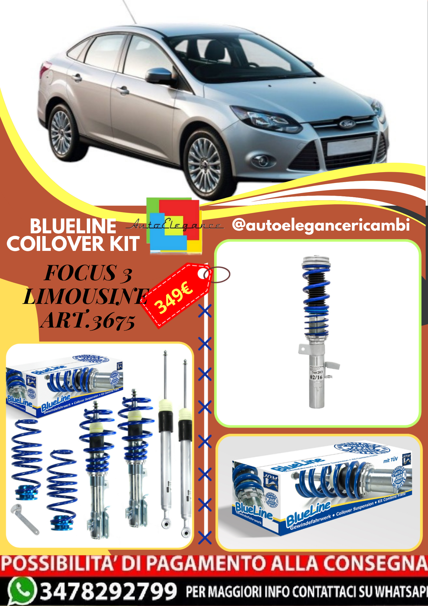 🎀Art.3675 Kit assetto sportivo a ghiera BlueLine adatto per Focus 3 Limousine🎀