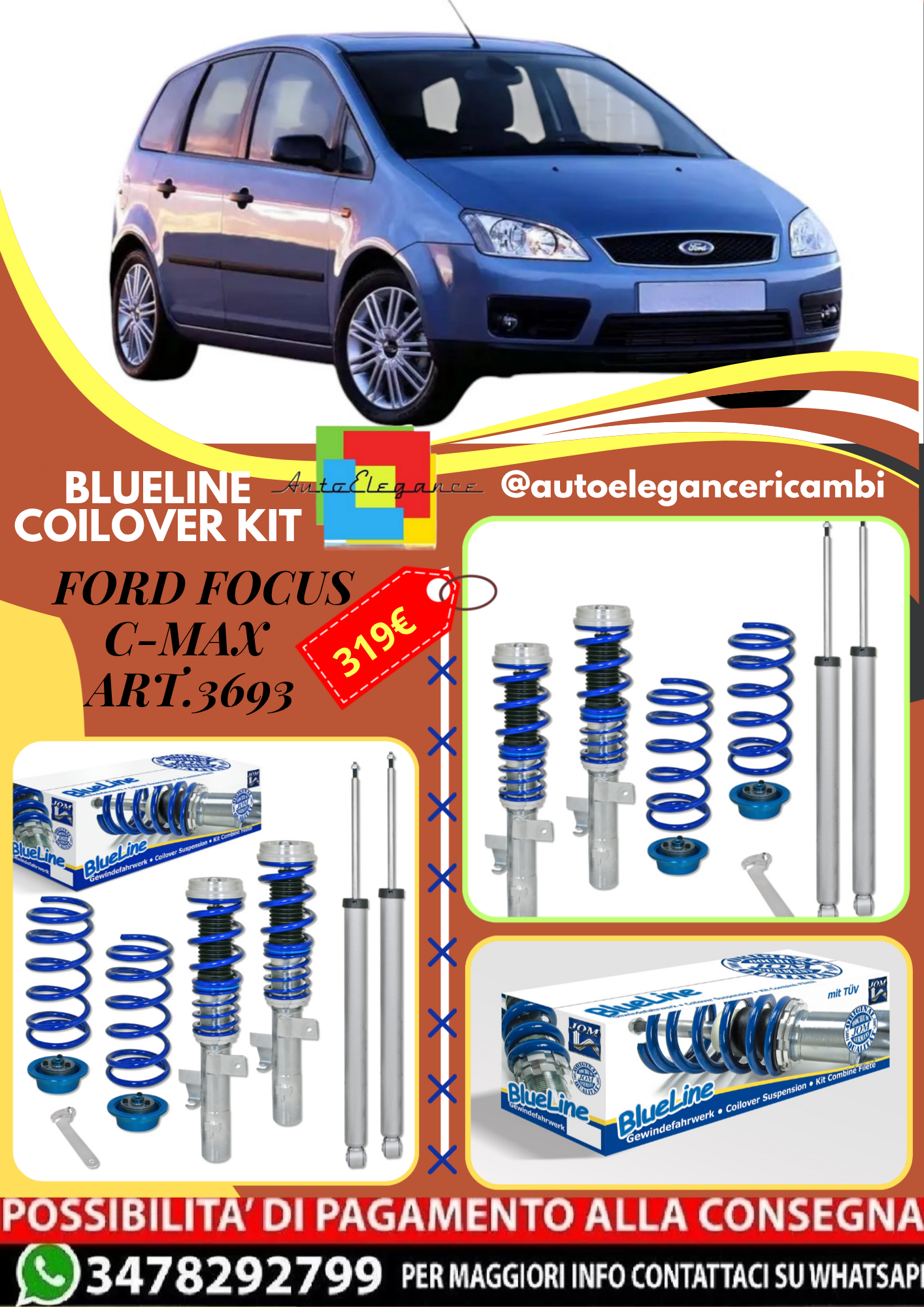 🎀Art.3693 Kit assetto sportivo a ghiera BlueLine adatto per Ford Focus C-Max 🎀