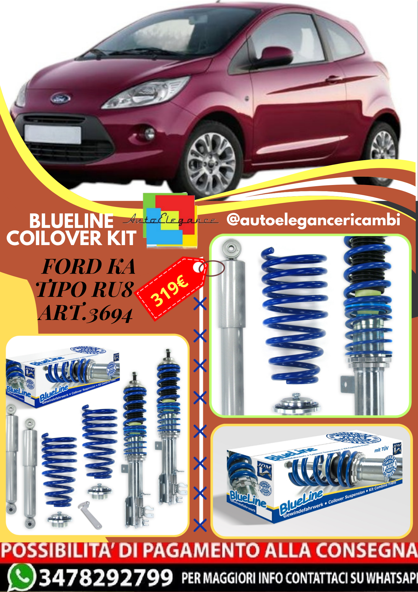 🎀Art.3694 Kit coilover sportivo BlueLine adatto per Ford KA tipo RU8🎀