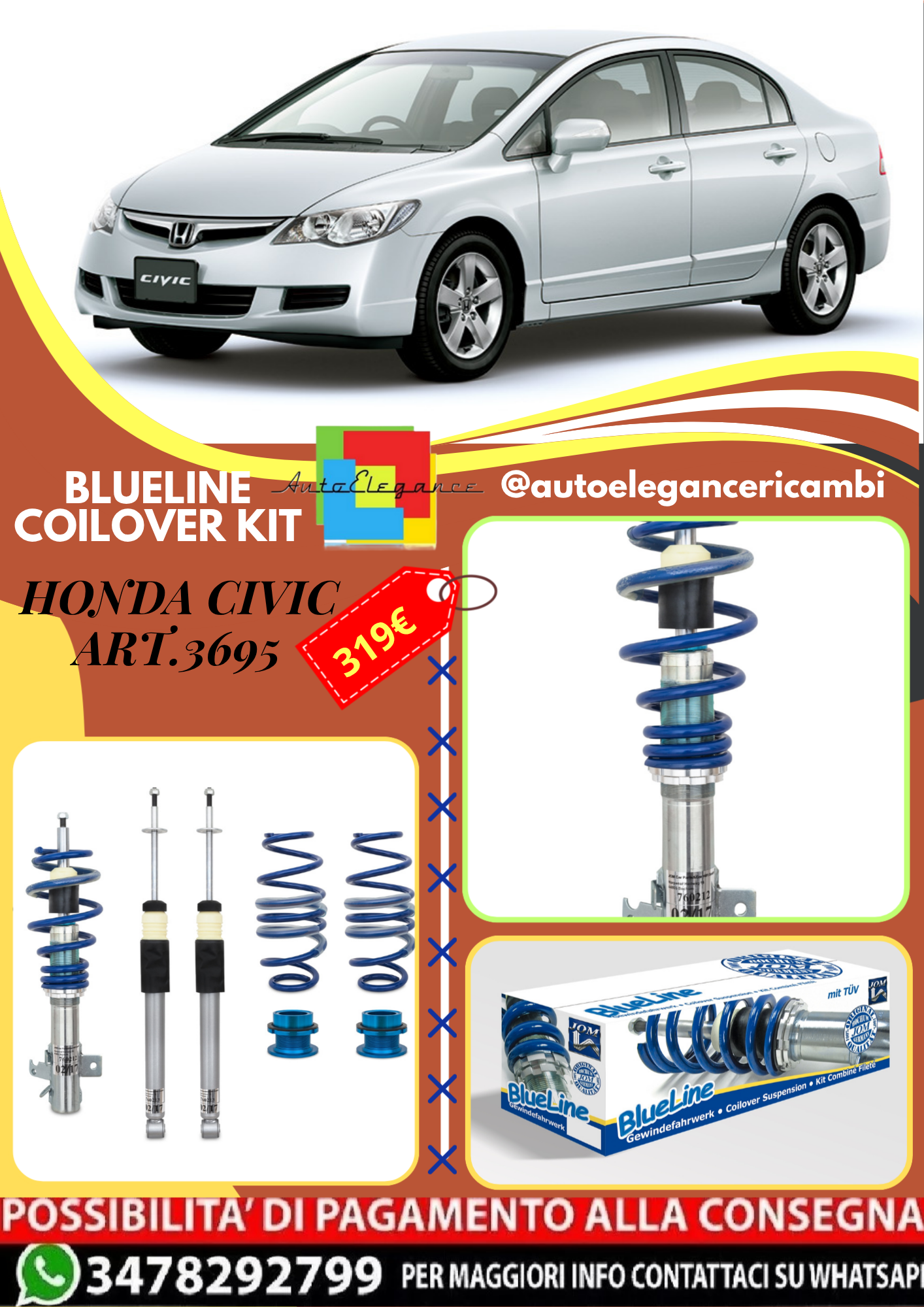 🎀Art.3695 Kit assetto sportivo a ghiera BlueLine adatto per Honda Civic 🎀