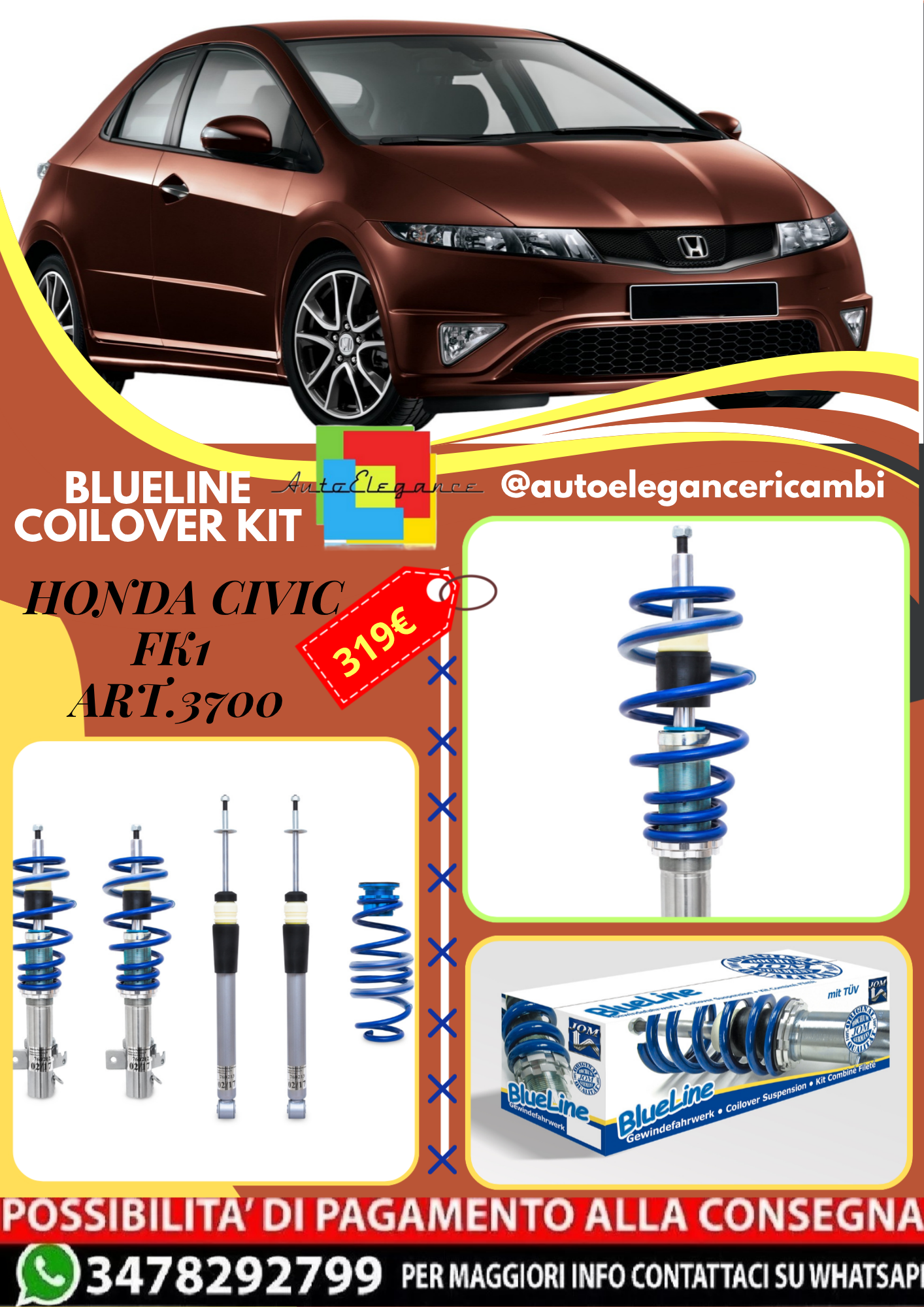 🎀Art.3700 Kit assetto sportivo a ghiera BlueLine adatto per Honda Civic Fk1 🎀