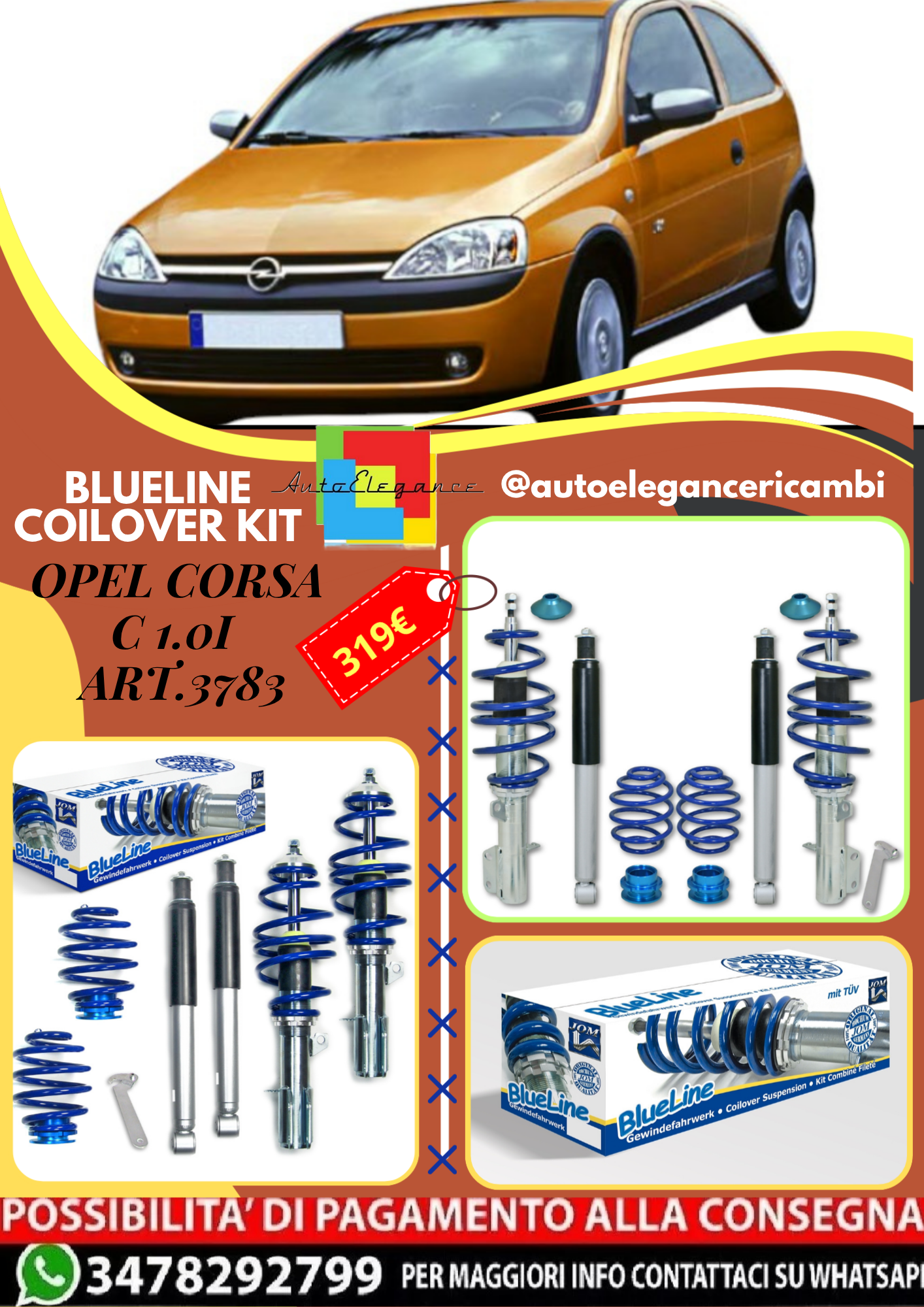 🎀Art.3783 Kit assetto sportivo ghiera BlueLine adatto per Opel Corsa C 1.0i 🎀