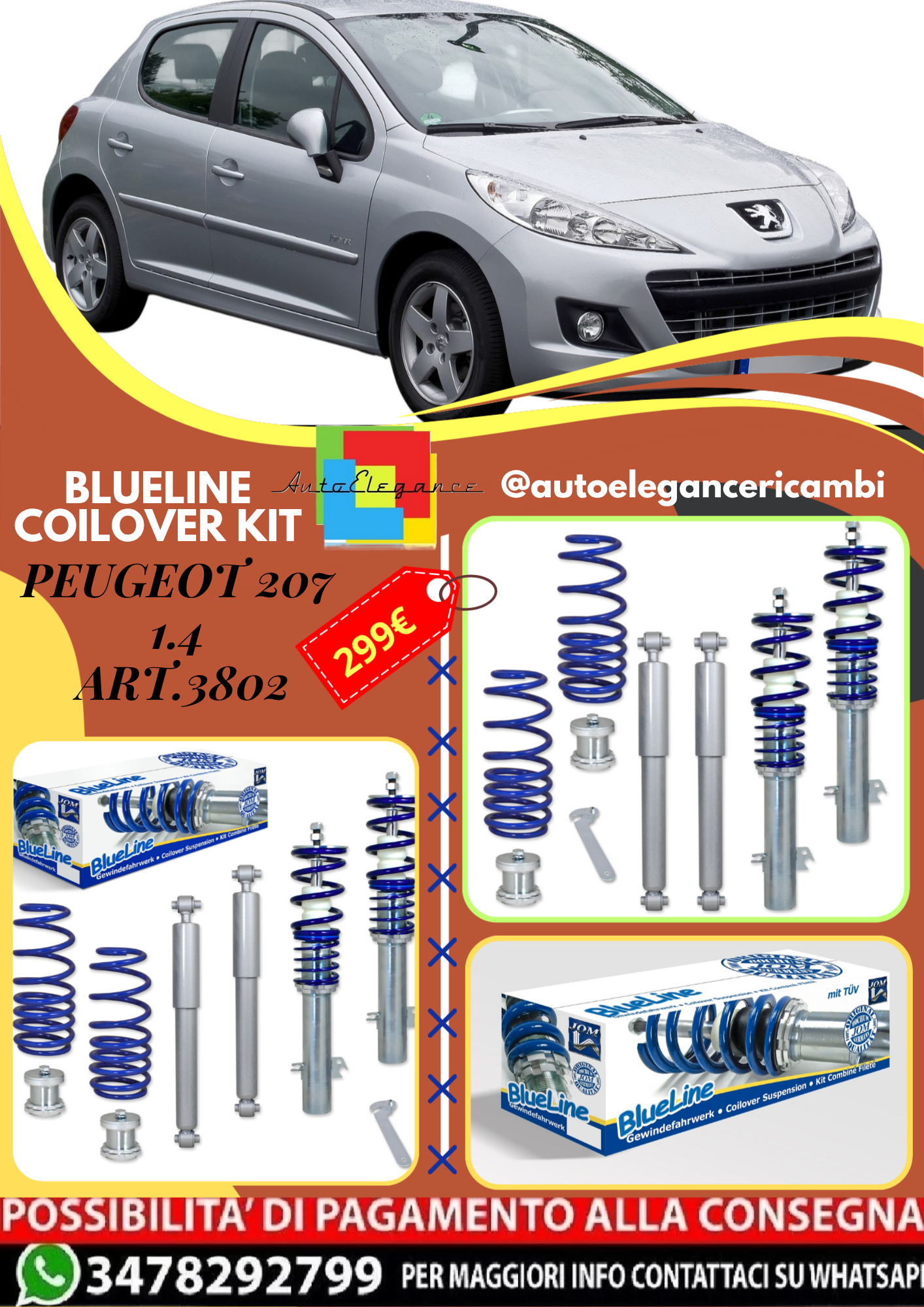 🎀Art.3802 Kit coilover sportivo Blueline adatto per Peugeot 207 1.4🎀