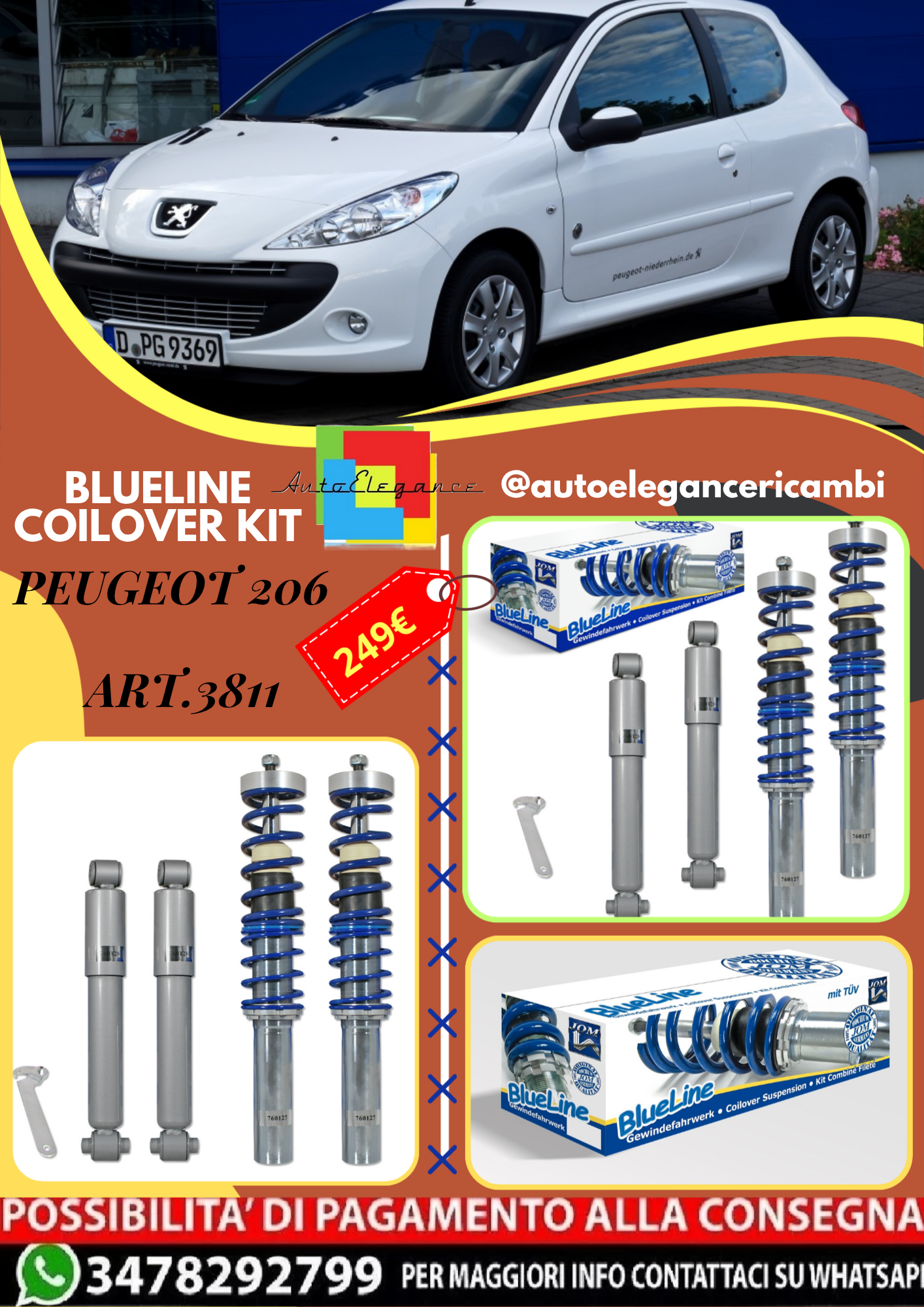 🎀Art.3811 Kit assetto sportivo  a ghiera BlueLine adatto per Peugeot 206 🎀