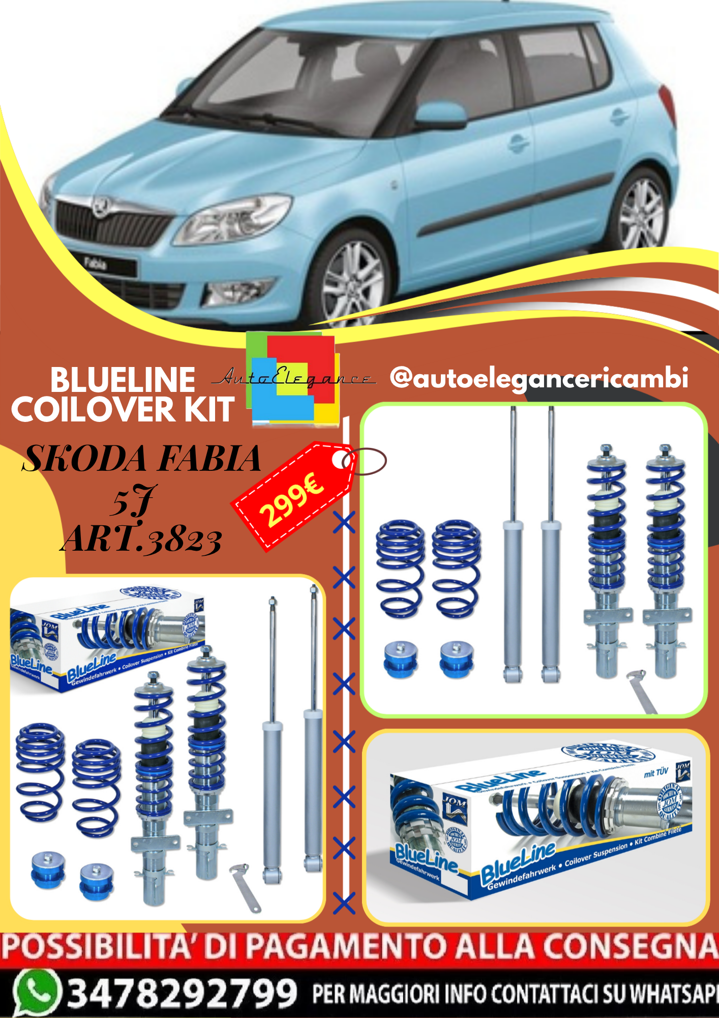 🎀Art.3823 Kit coilover sportivo Blueline adatto per Skoda Fabia 5J🎀