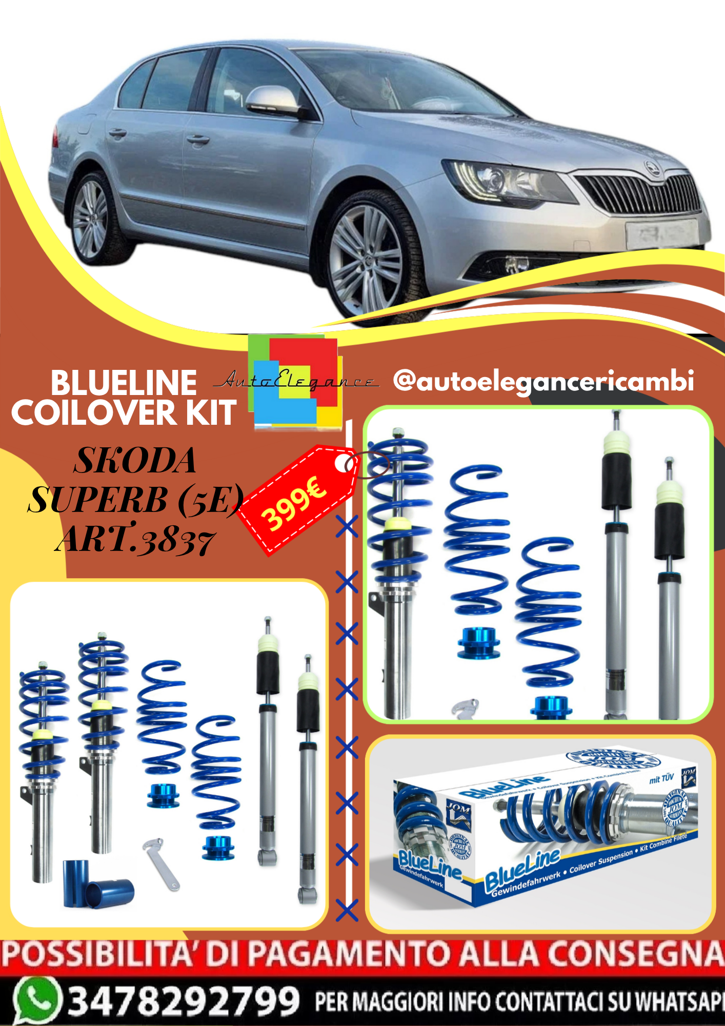 🎀Art.3837 Kit coilover sportivo BlueLine adatto per Skoda Superb (5E)🎀