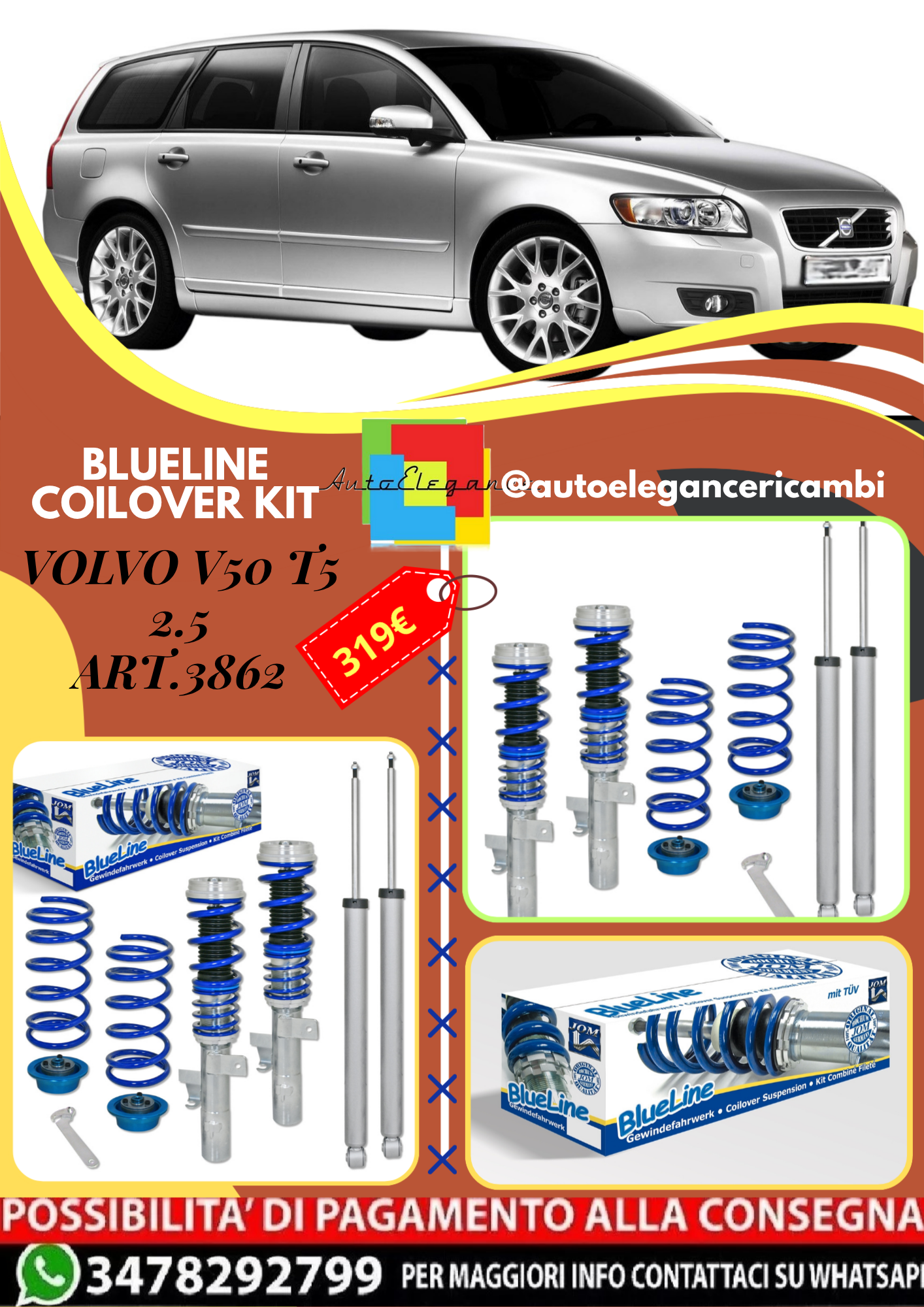 🎀Art.3862 Kit assetto sportivo a ghiera BlueLine adatto per Volvo V50 T5 2.5🎀