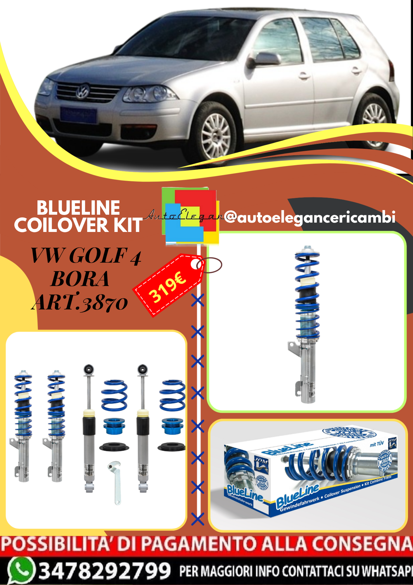 🎀Art.3871 Kit coilover sportivo BlueLine adatto per VW Golf 4 Bora🎀