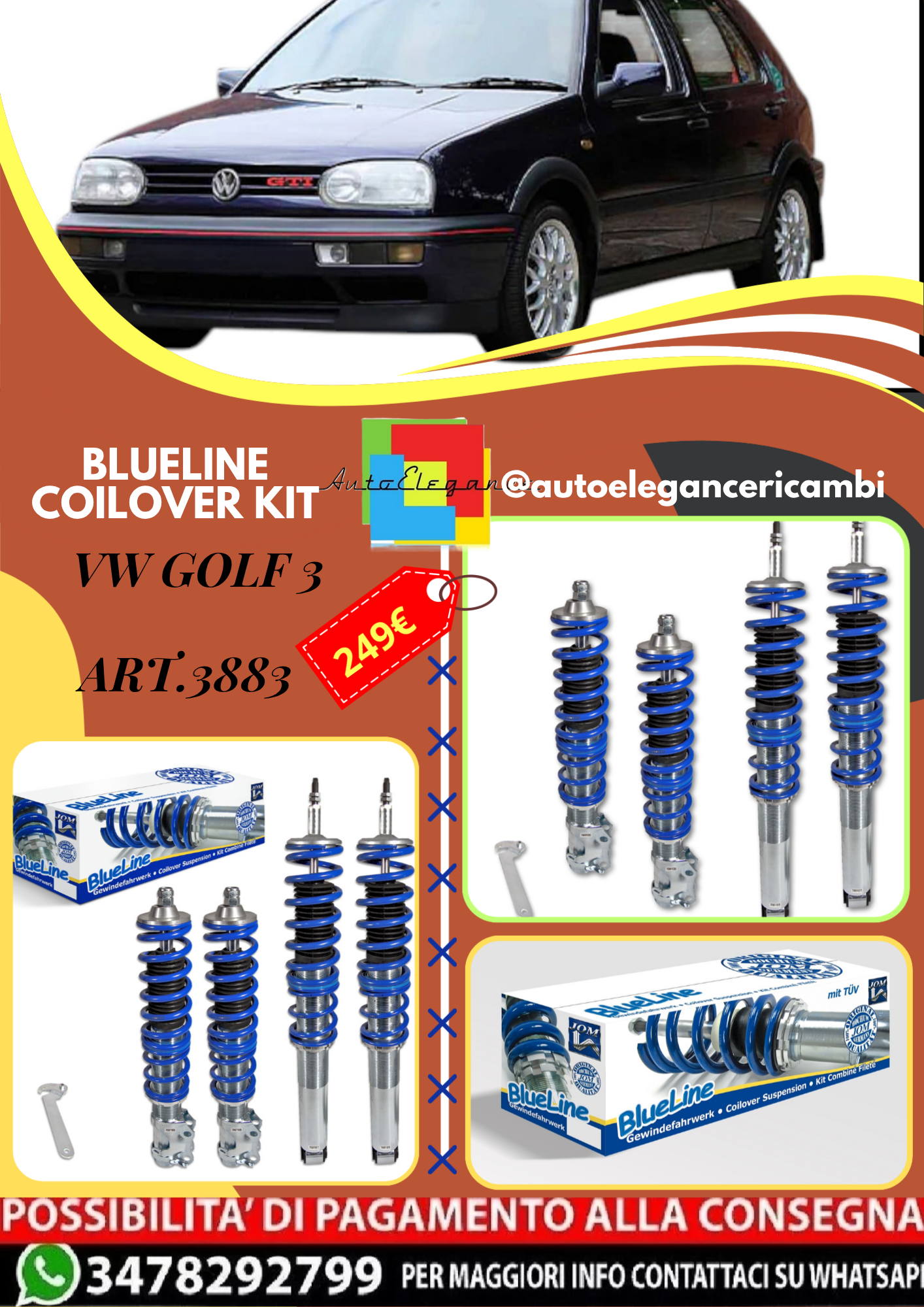 🎀Art.3883 Kit assetto sportivo a ghiera BlueLine adatto per VW Golf 3🎀