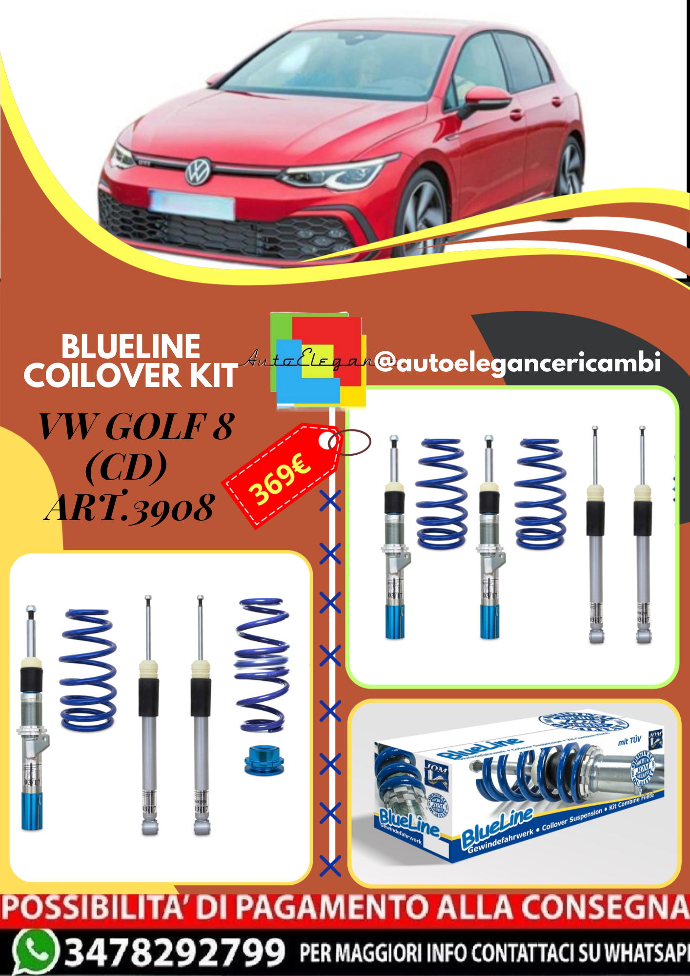 🎀Art.3912 Kit assetto sportivo a ghiera BlueLine adatto per VW Golf 8 (CD)🎀