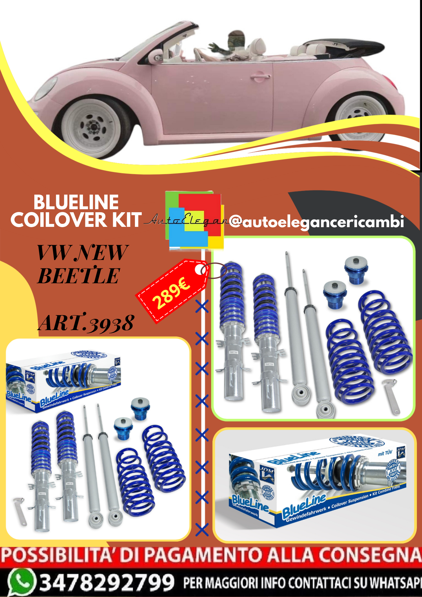 🎀Art.3938 Kit coilover sportivo BlueLine adatto per VW New Beetle (9C / 1Y)🎀