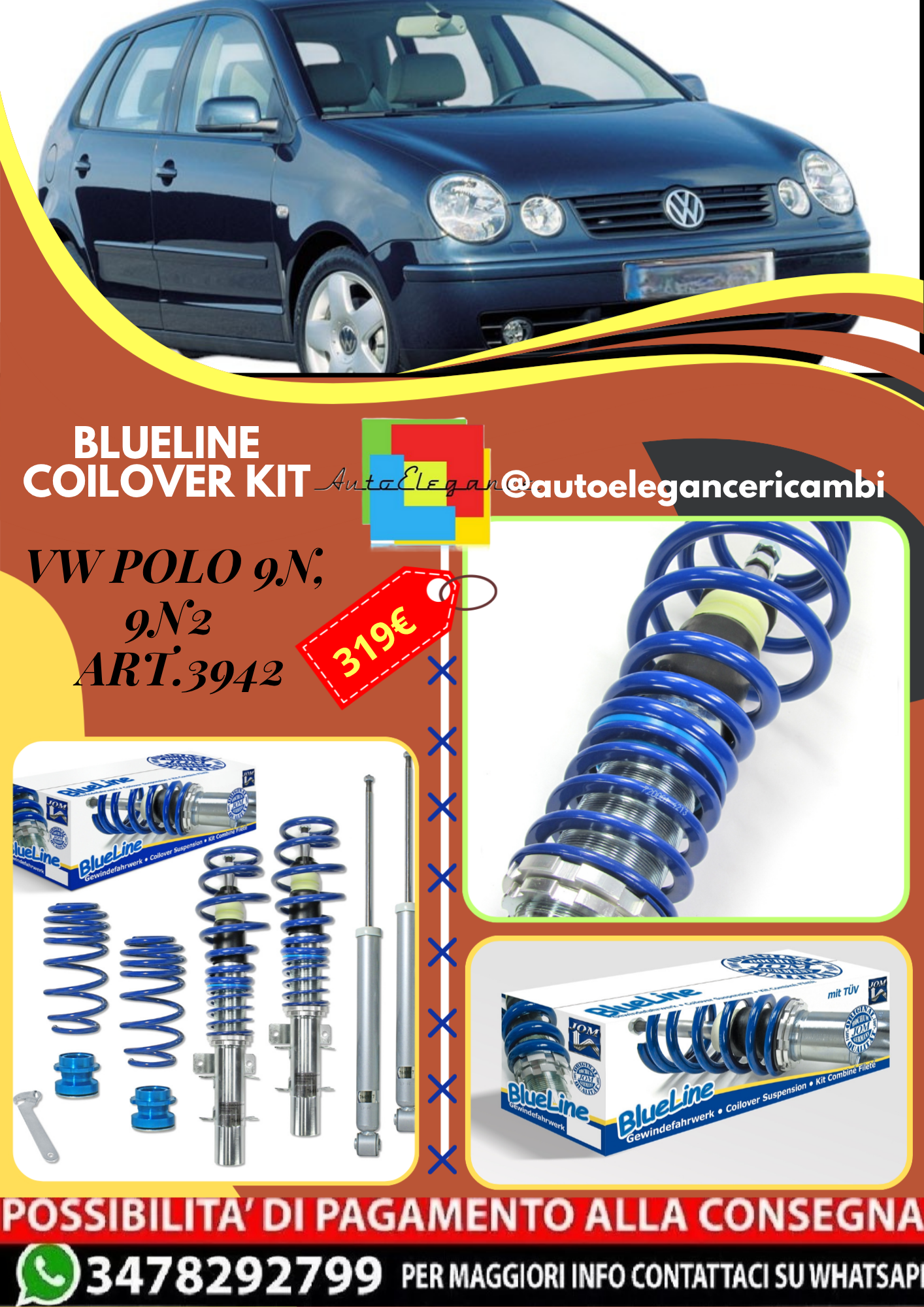 🎀Art.3942 Kit assetto sportivo a ghiera BlueLine adatto per VW Polo 9N, 9N2🎀