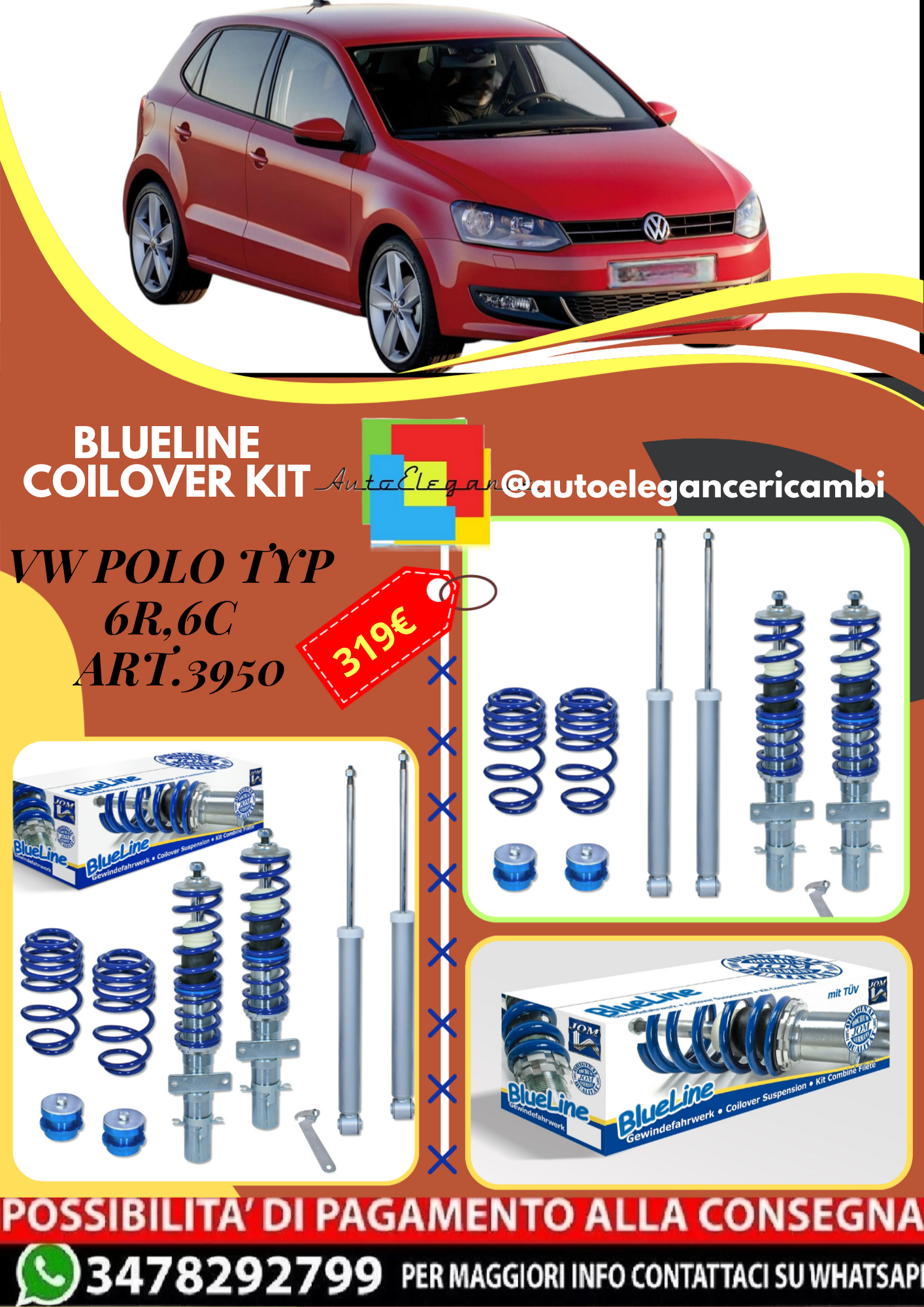 🎀Art.3950 Kit assetto sportivo a ghiera BlueLine adatto per VW Polo Typ 6R,6C🎀