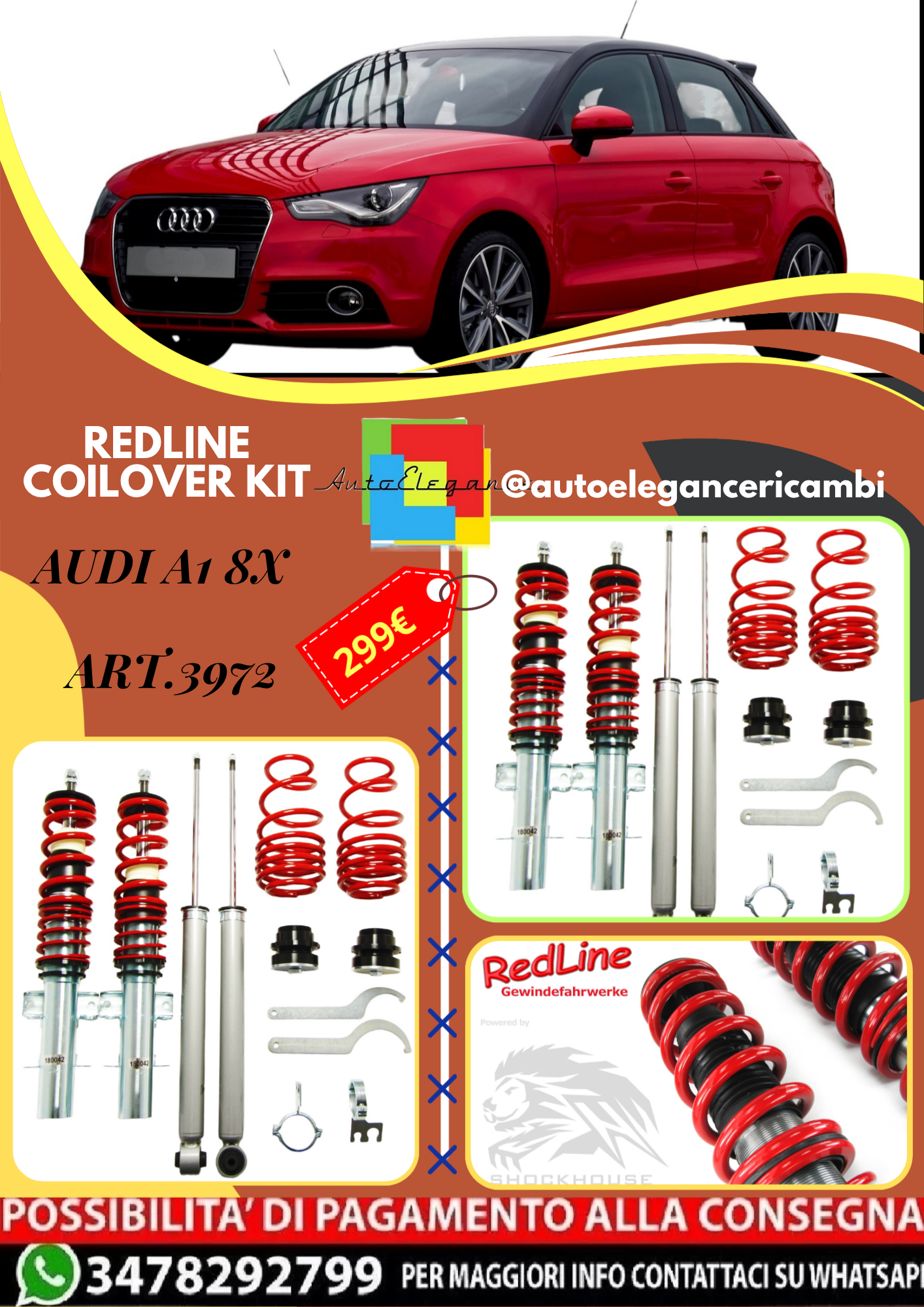 🎀Art.3972 Redline Kit assetto sportivo a ghiera adatto per Audi A1 8X 🎀