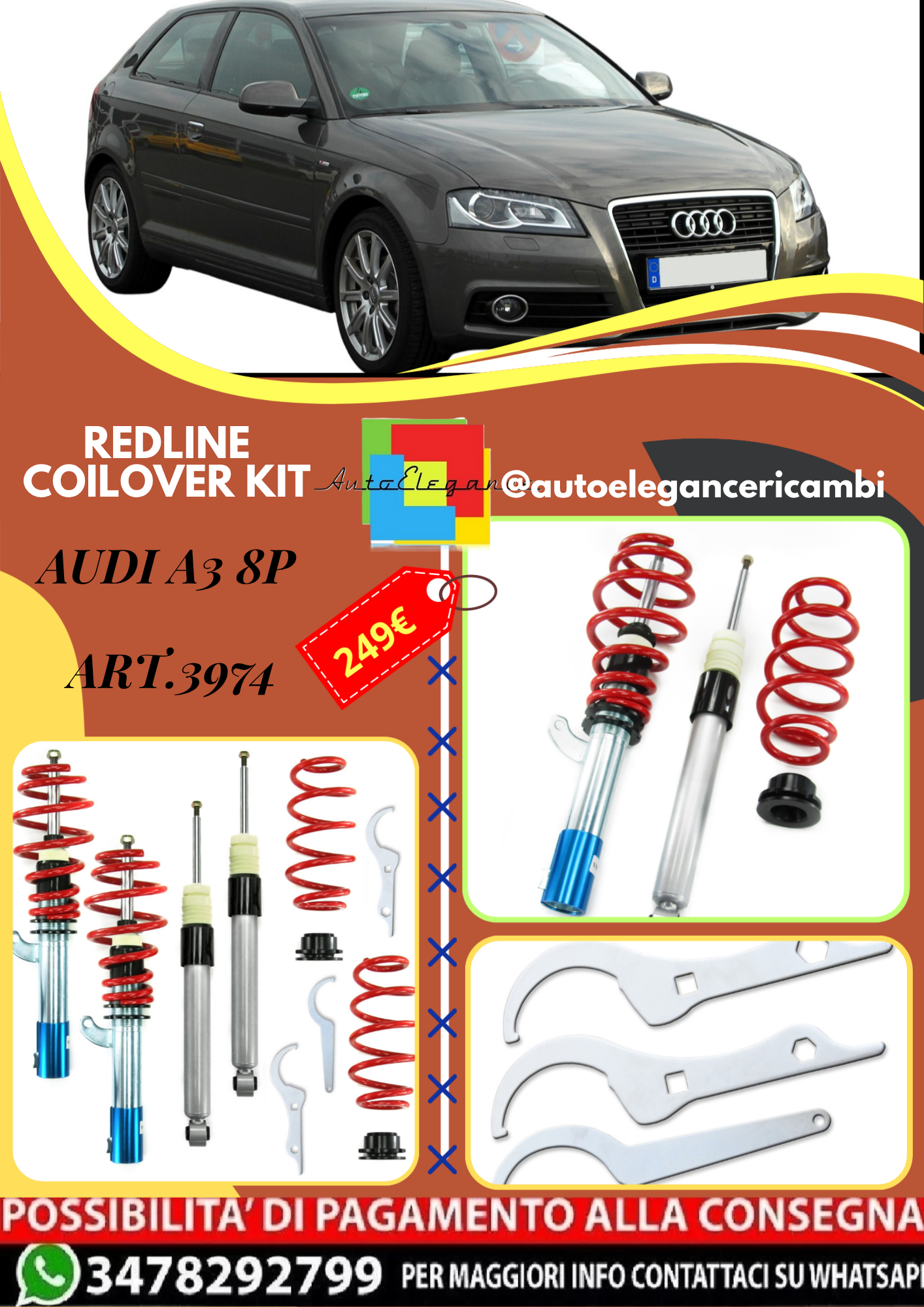 🎀Art.3974 Redline Kit assetto sportivo a ghiera adatto per Audi A3 8P🎀
