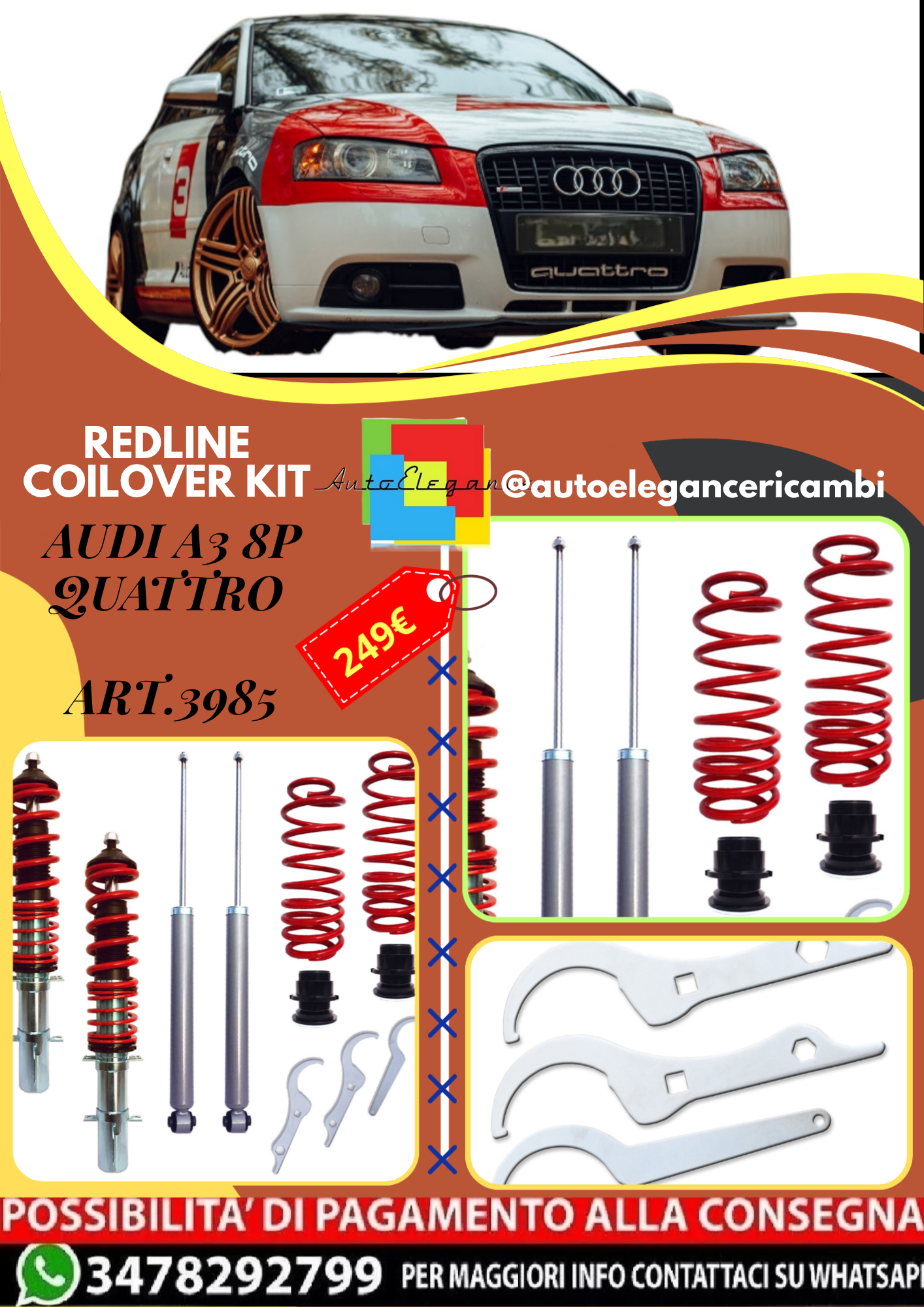 🎀Art.3985 Redline Kit assetto sportivo a ghiera adatto per Audi A3 8P Quattro🎀