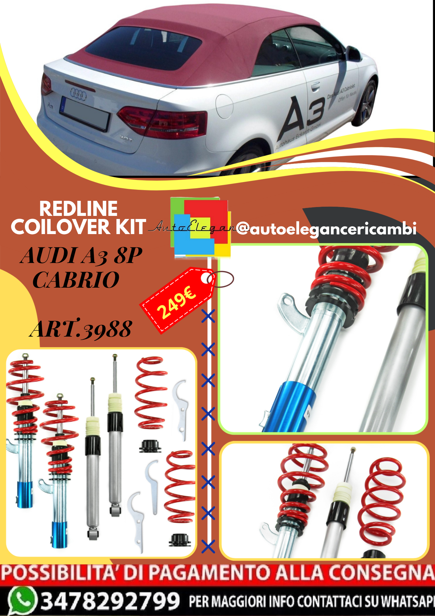 🎀Art.3988 Redline Kit assetto sportivo a ghiera adatto per Audi A3 8P Cabrio 🎀