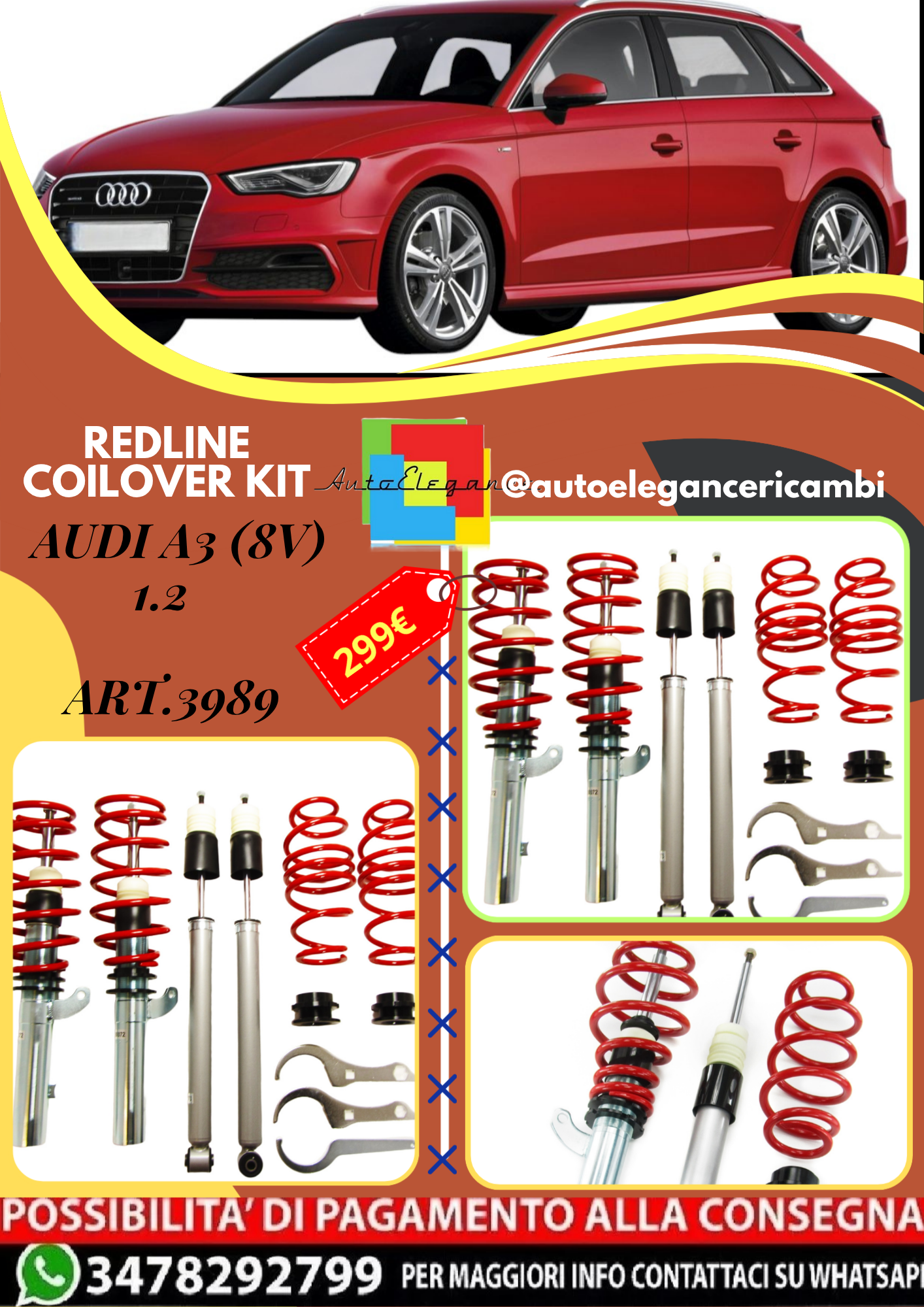 🎀Art.3989 Redline Coilover sportivo Kit adatto per Audi A3 (8V) 1.2 🎀