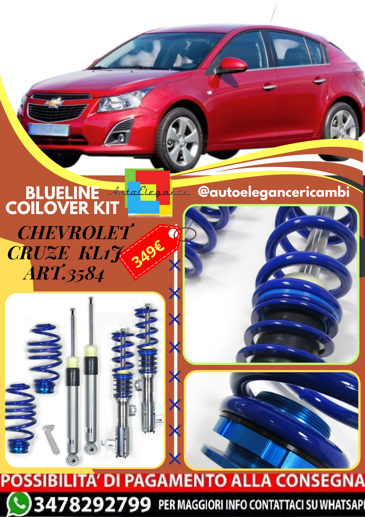 🎀Art.3584 Kit coilover sportivo BlueLine adatto per Chevrolet Cruze tipo KL1J🎀