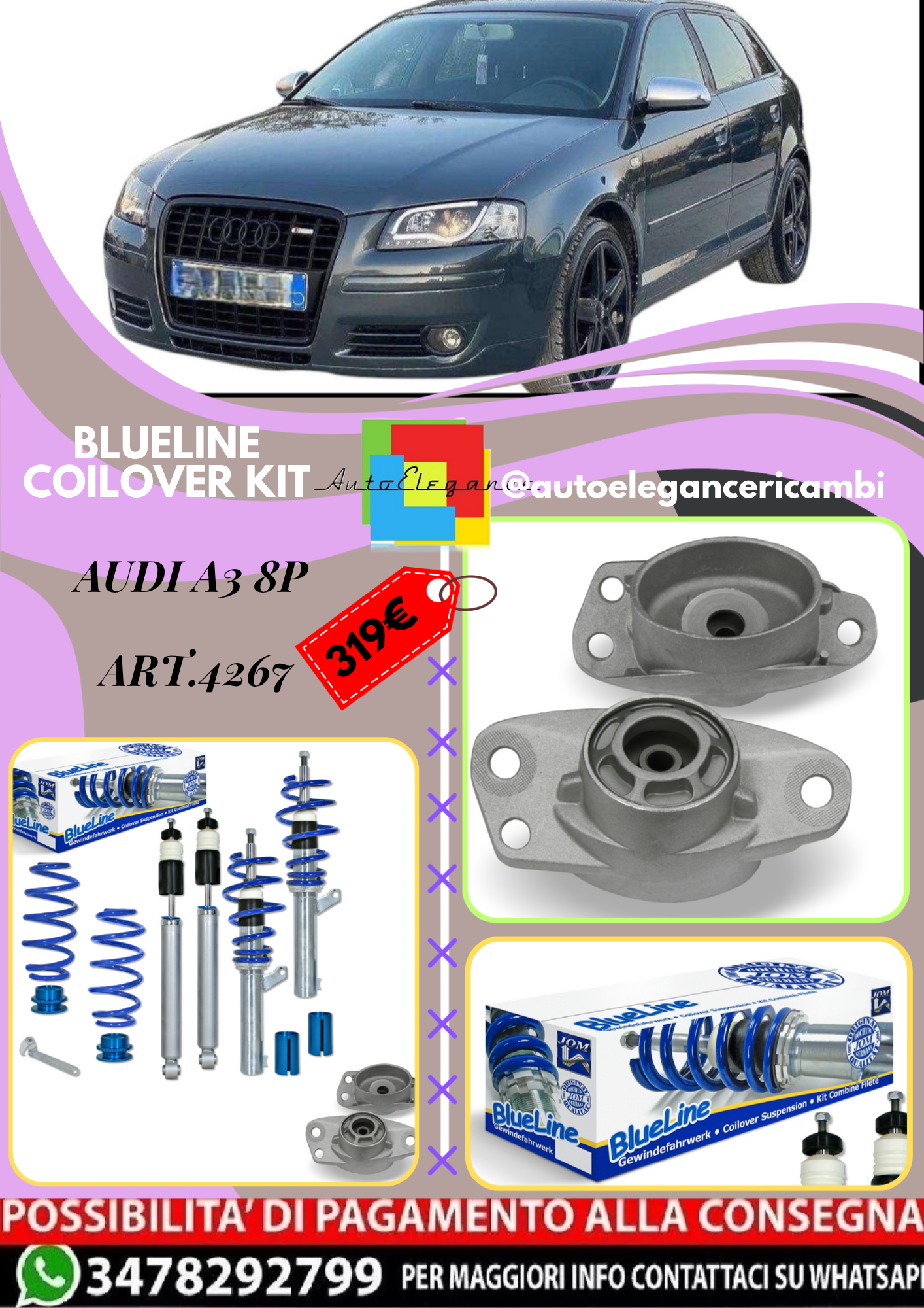 🎀Art.4267 Kit assetto sportivo BlueLine con set Domcap adatto per Audi A3 8P🎀