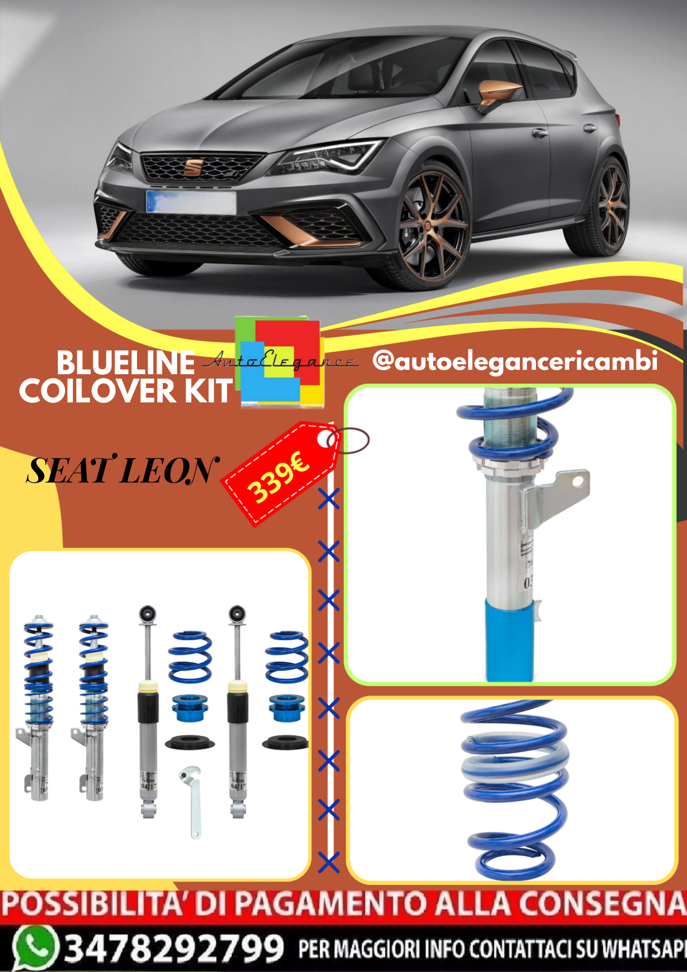 🎀Art.3294 Kit coilover sportivo BlueLine adatto per Seat Leon incl.modelli ST🎀