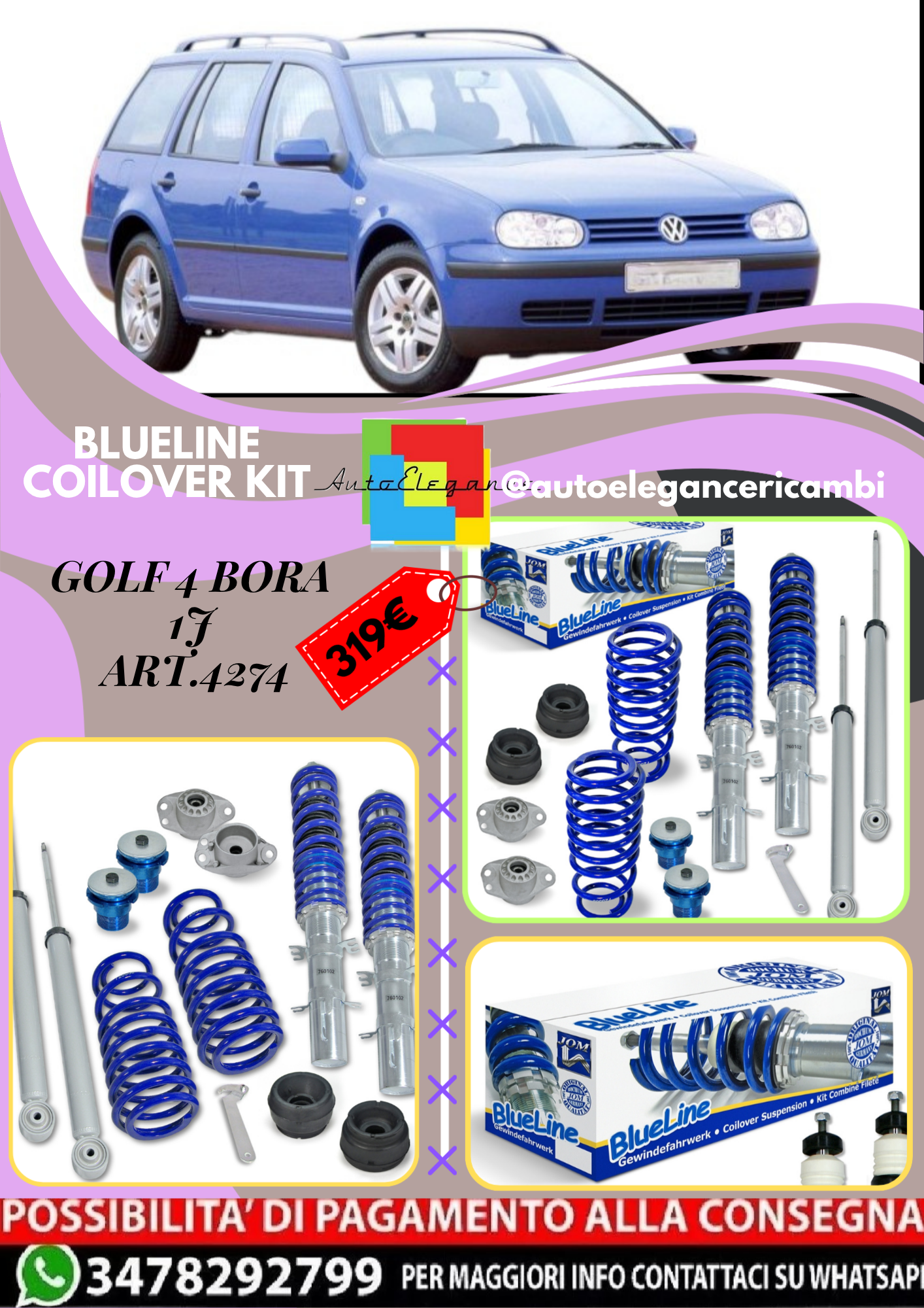 🎀Art.4274 Kit assetto sportivo BlueLine+ set Domcap adatto per Golf 4 Bora 1J🎀