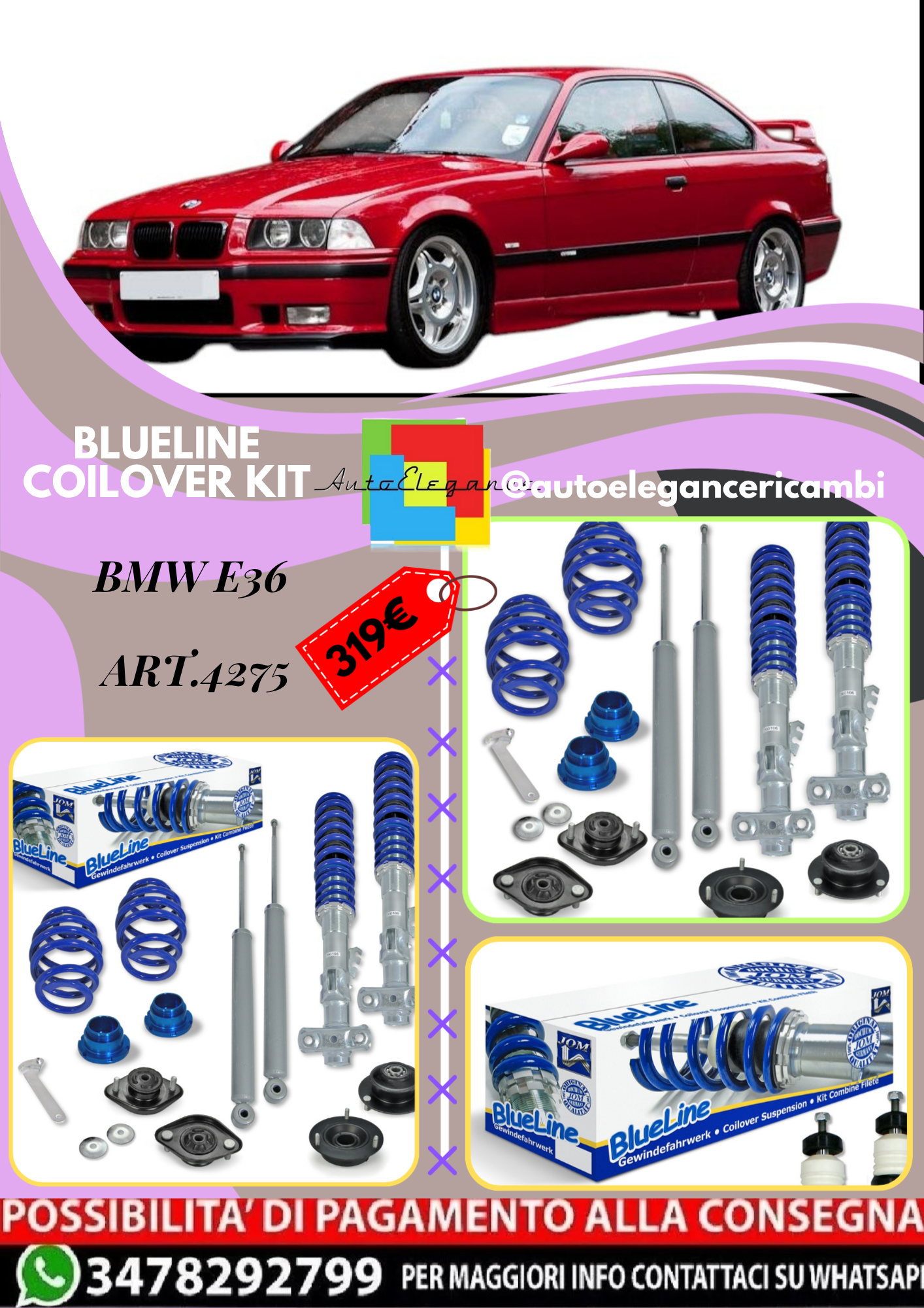 🎀Art.4275 Kit assetto sportivo BlueLine con set Domcap adatto per BMW E36🎀