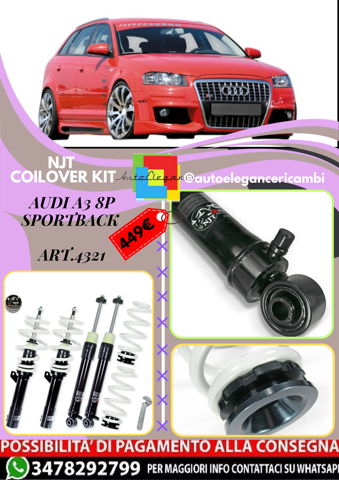 🎀Art.4321 Kit assetto sportivoNJT eXtrem adatto per Audi A3 8P Sportback🎀