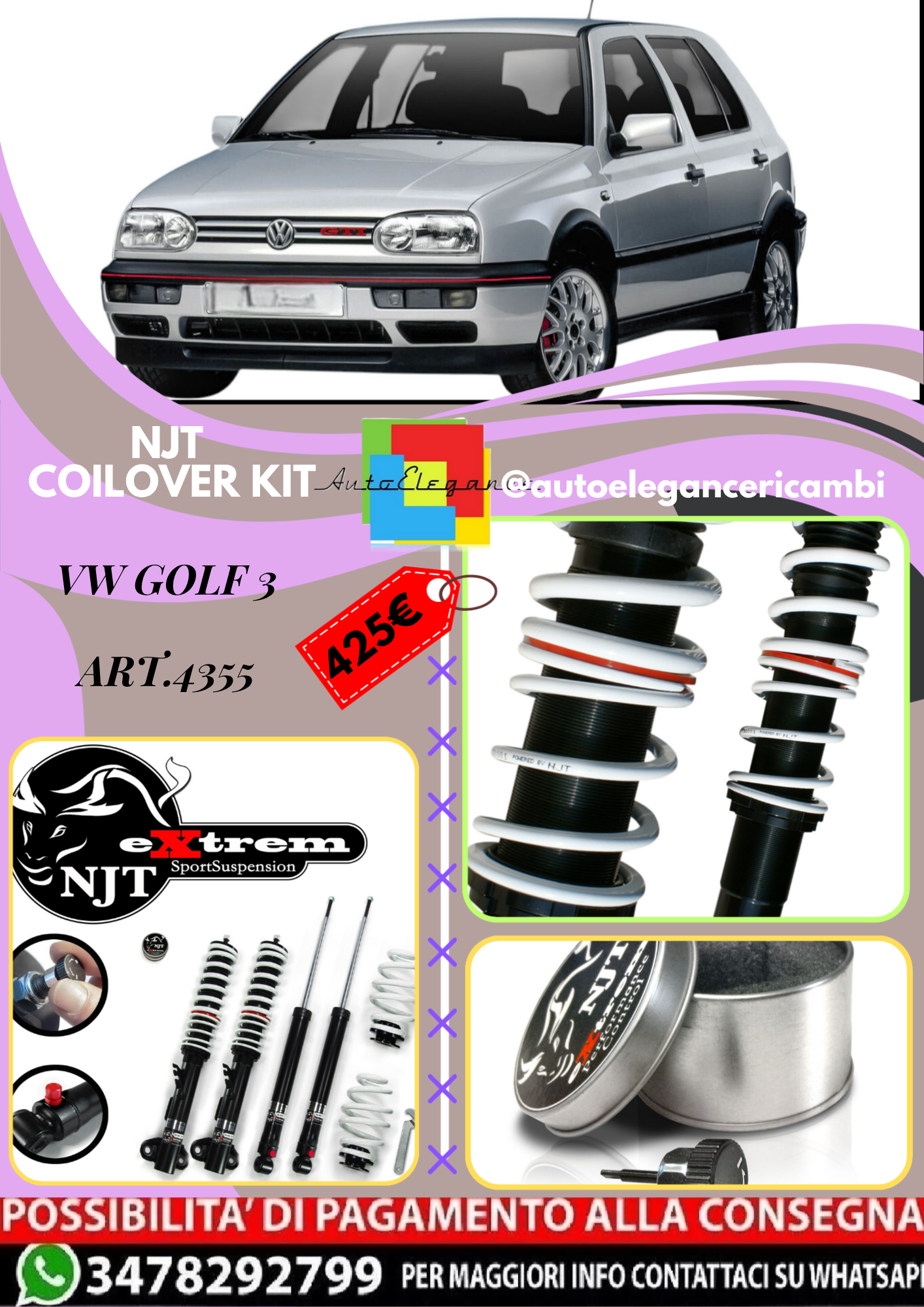 🎀Art.4355 Kit assetto sportivo a ghiera NJT eXtrem adatto per VW Golf 3 🎀