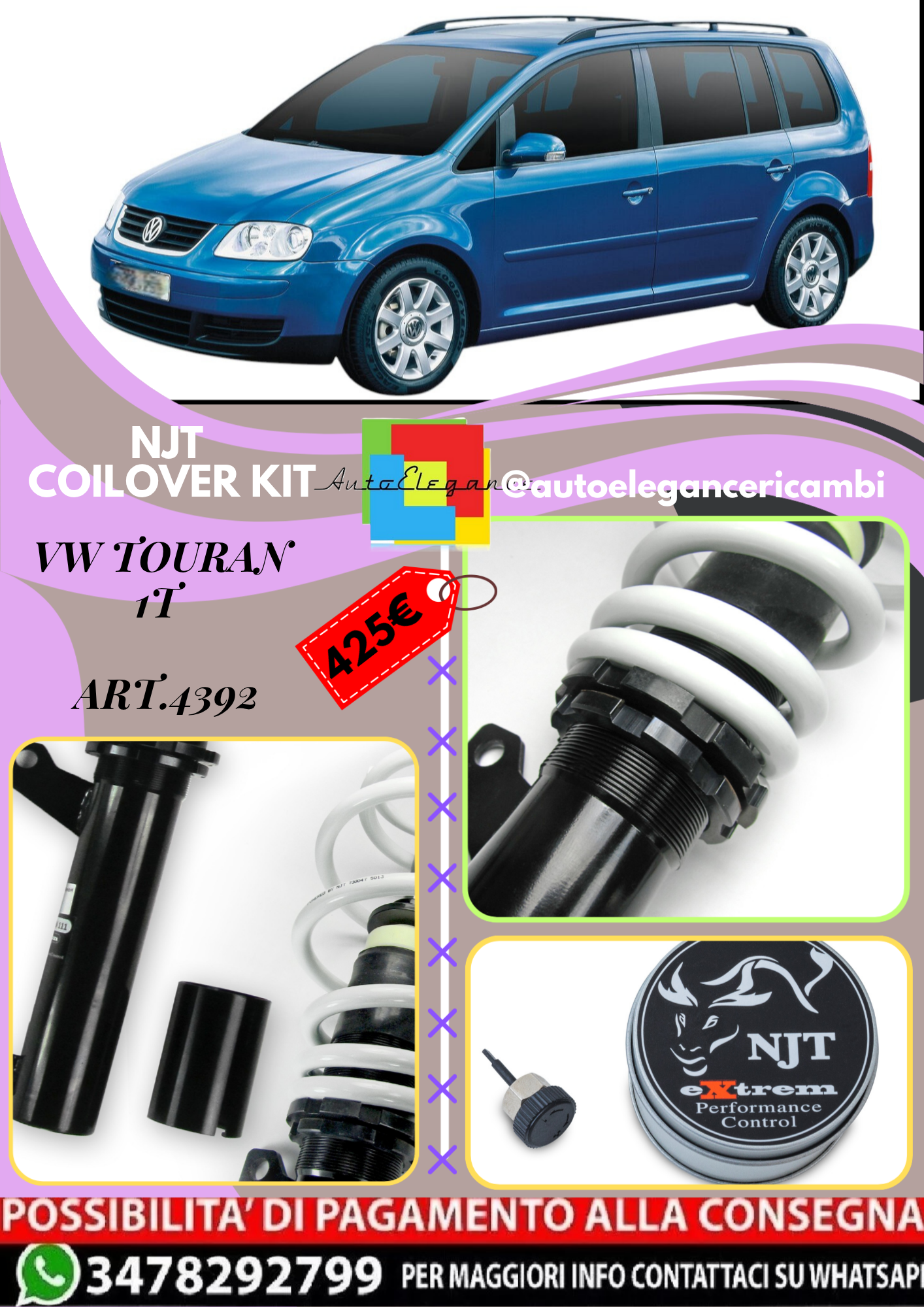 🎀Art.4392 Kit assetto sportivo NJT eXtrem adatto per VW Touran 1T 1.9TDi🎀