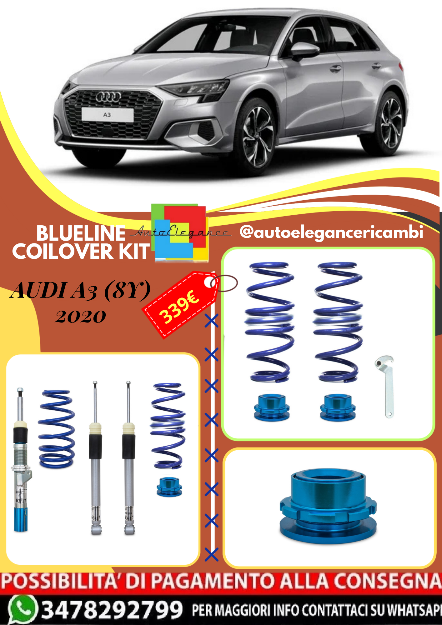 🎀Art.3296 Kit assetto sportivo a ghiera BlueLine adatto per Audi A3 (8Y) 2020🎀