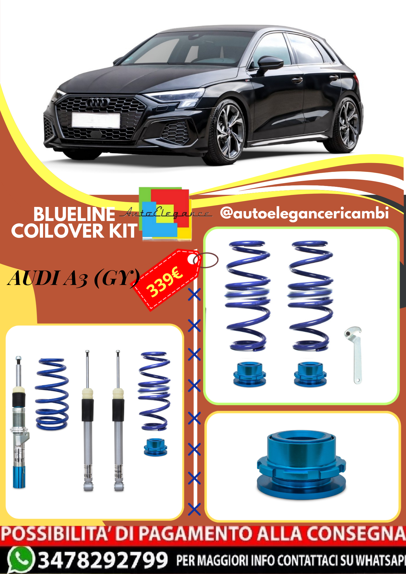 🎀Art.3306 Kit assetto sportivo a ghiera BlueLine adatto per Audi A3 (GY)🎀