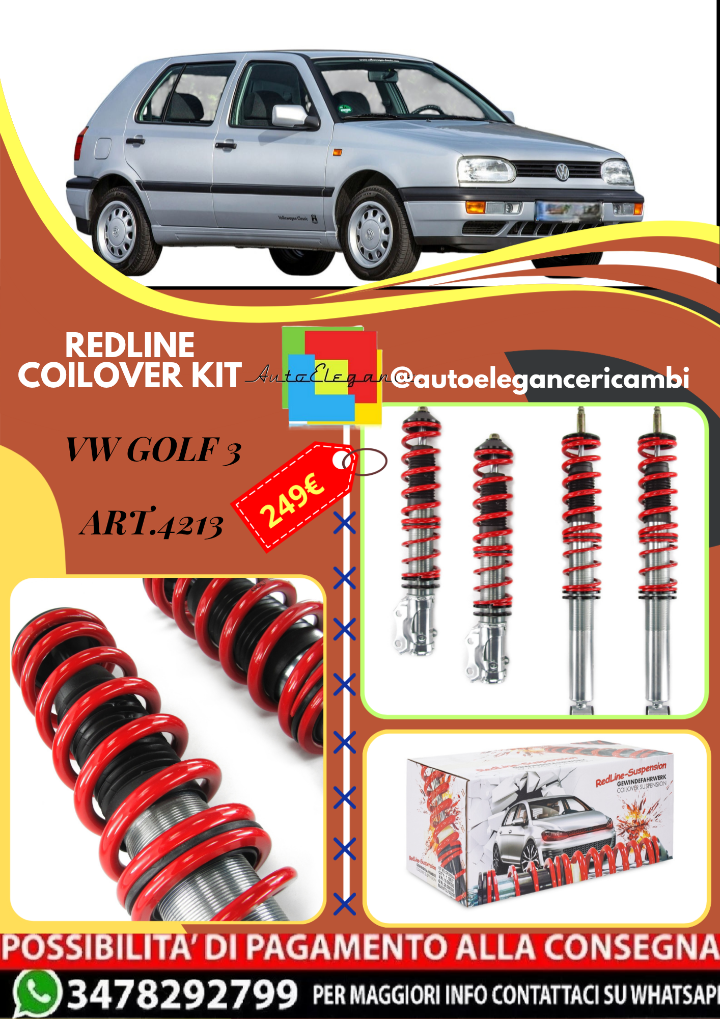 🎀Art.4213 Redline Kit assetto sportivo a ghiera adatto per VW Golf 3, 91-97 🎀